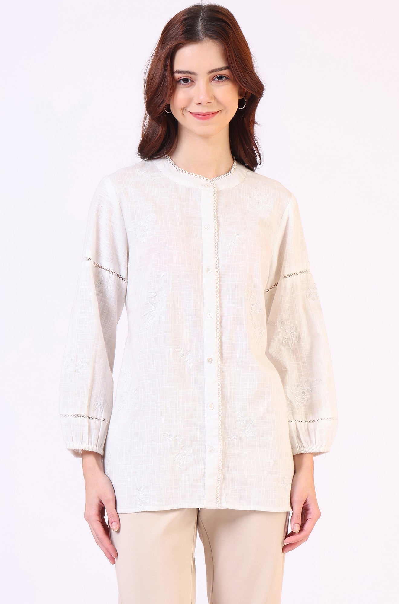 W for Woman White Pure Cotton Button Down Shirt With Tonal Embroidery  Grab2Buy WforWoman Grab2Buy