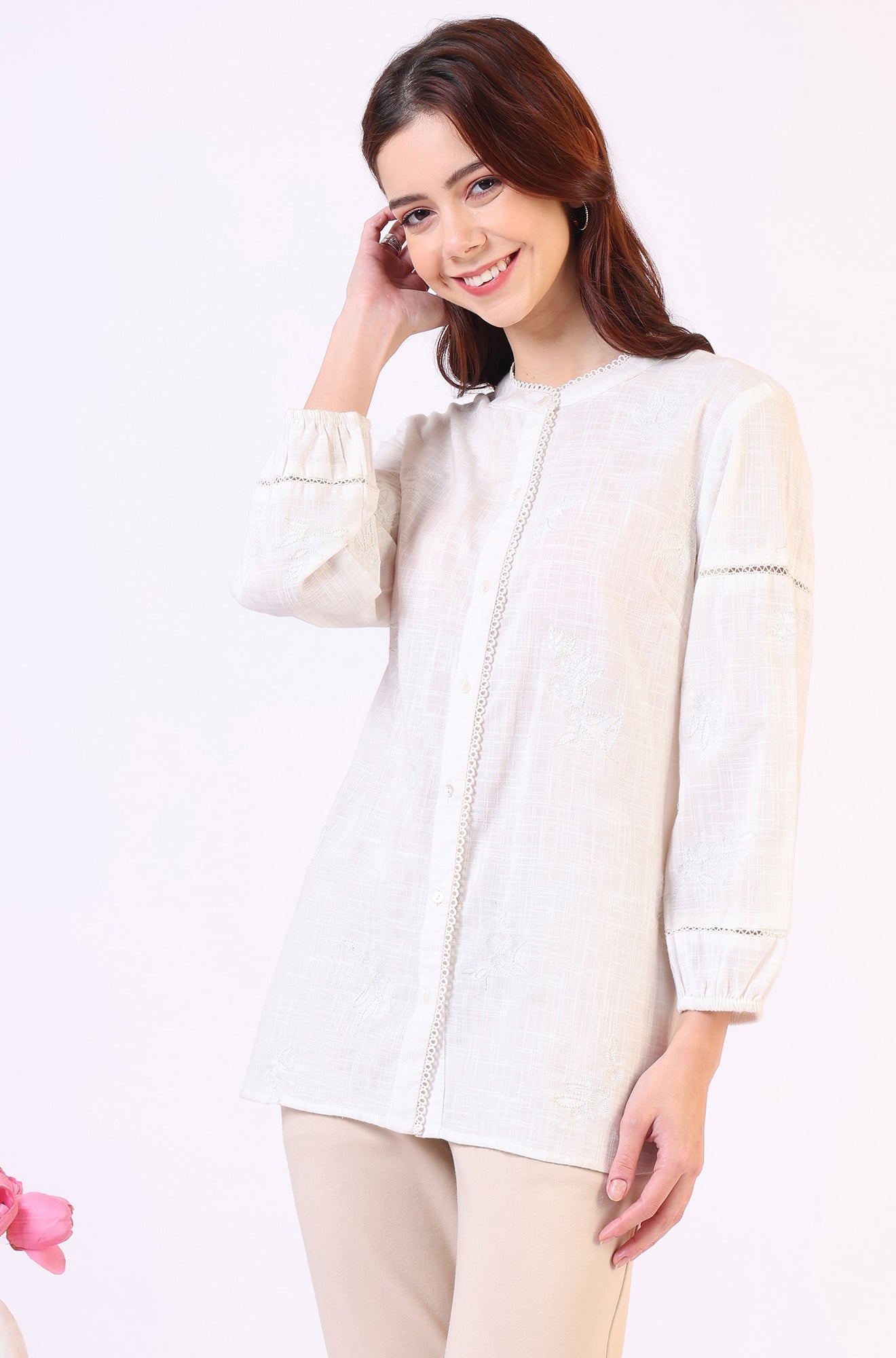 W for Woman White Pure Cotton Button Down Shirt With Tonal Embroidery  Grab2Buy WforWoman Grab2Buy