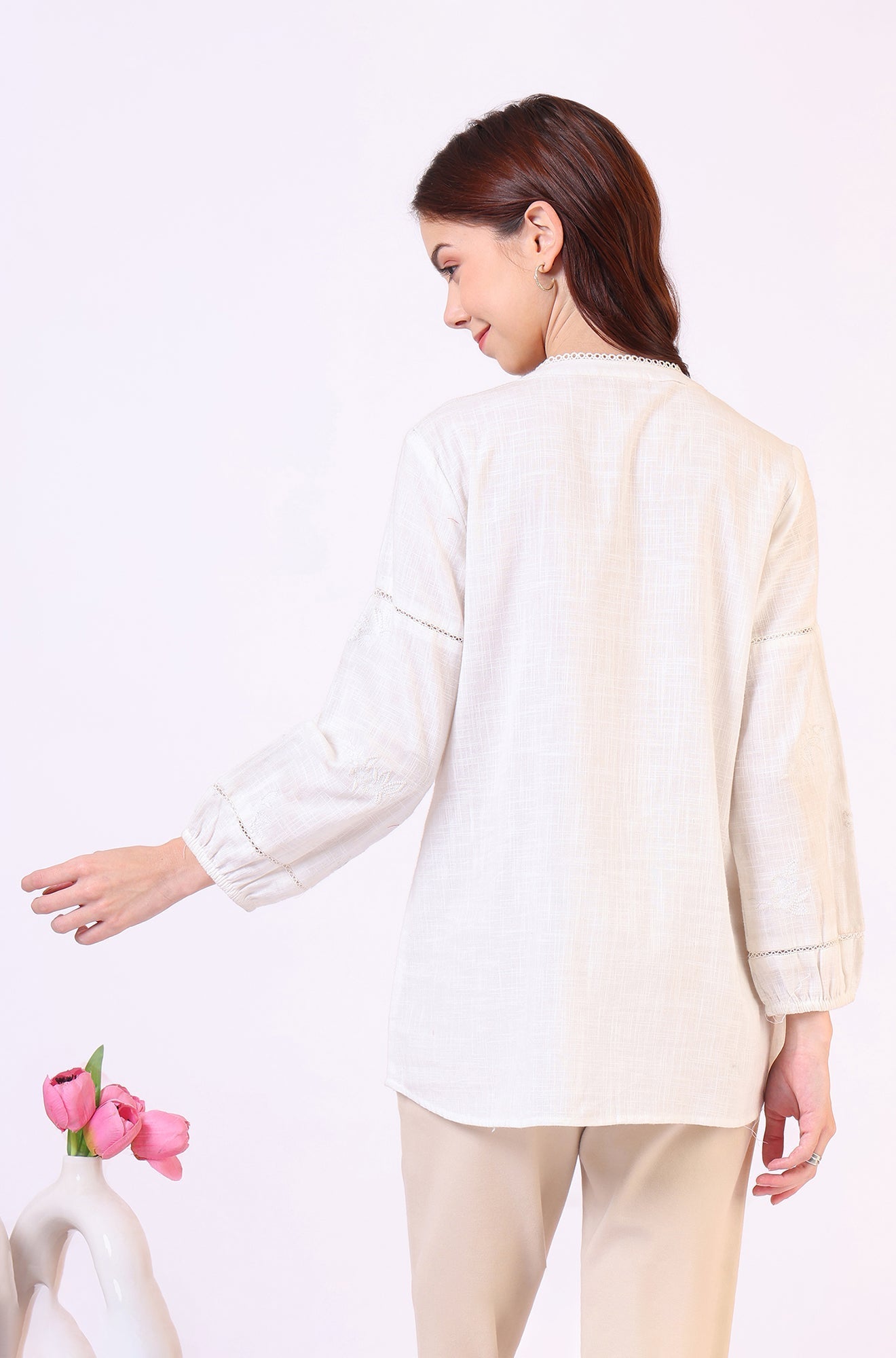 W for Woman White Pure Cotton Button Down Shirt With Tonal Embroidery  Grab2Buy WforWoman Grab2Buy