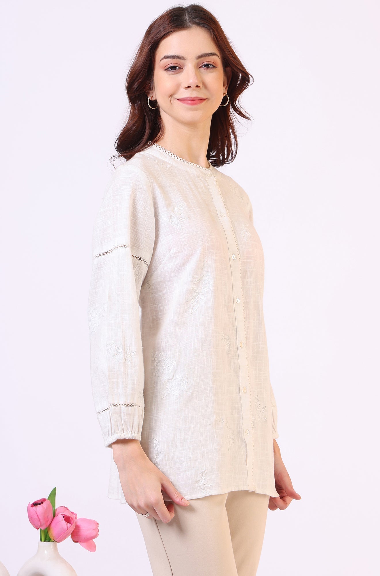 W for Woman White Pure Cotton Button Down Shirt With Tonal Embroidery  Grab2Buy WforWoman Grab2Buy