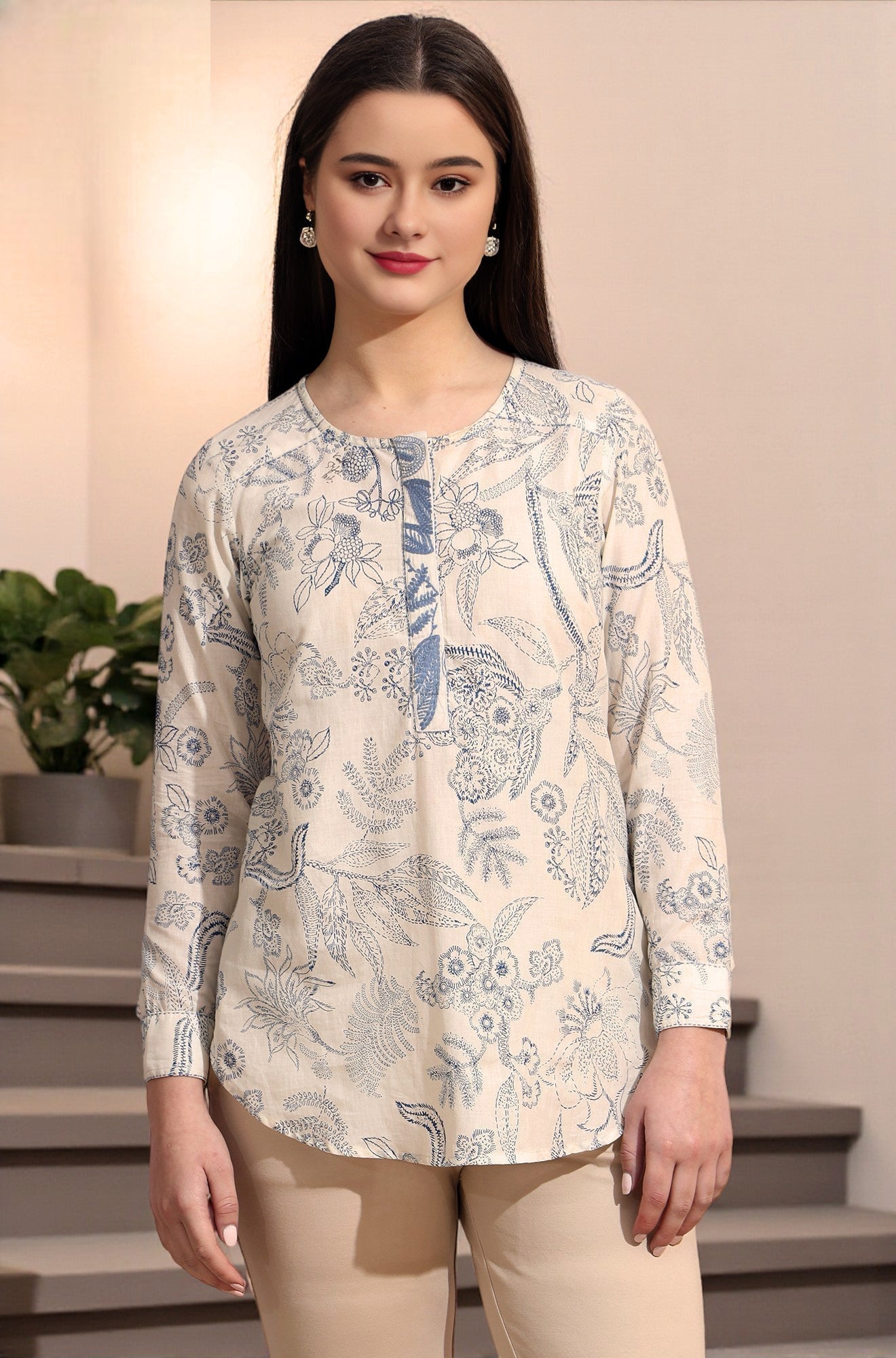 W for Woman White and blue printed top with thread embroidery  Grab2Buy WforWoman Grab2Buy