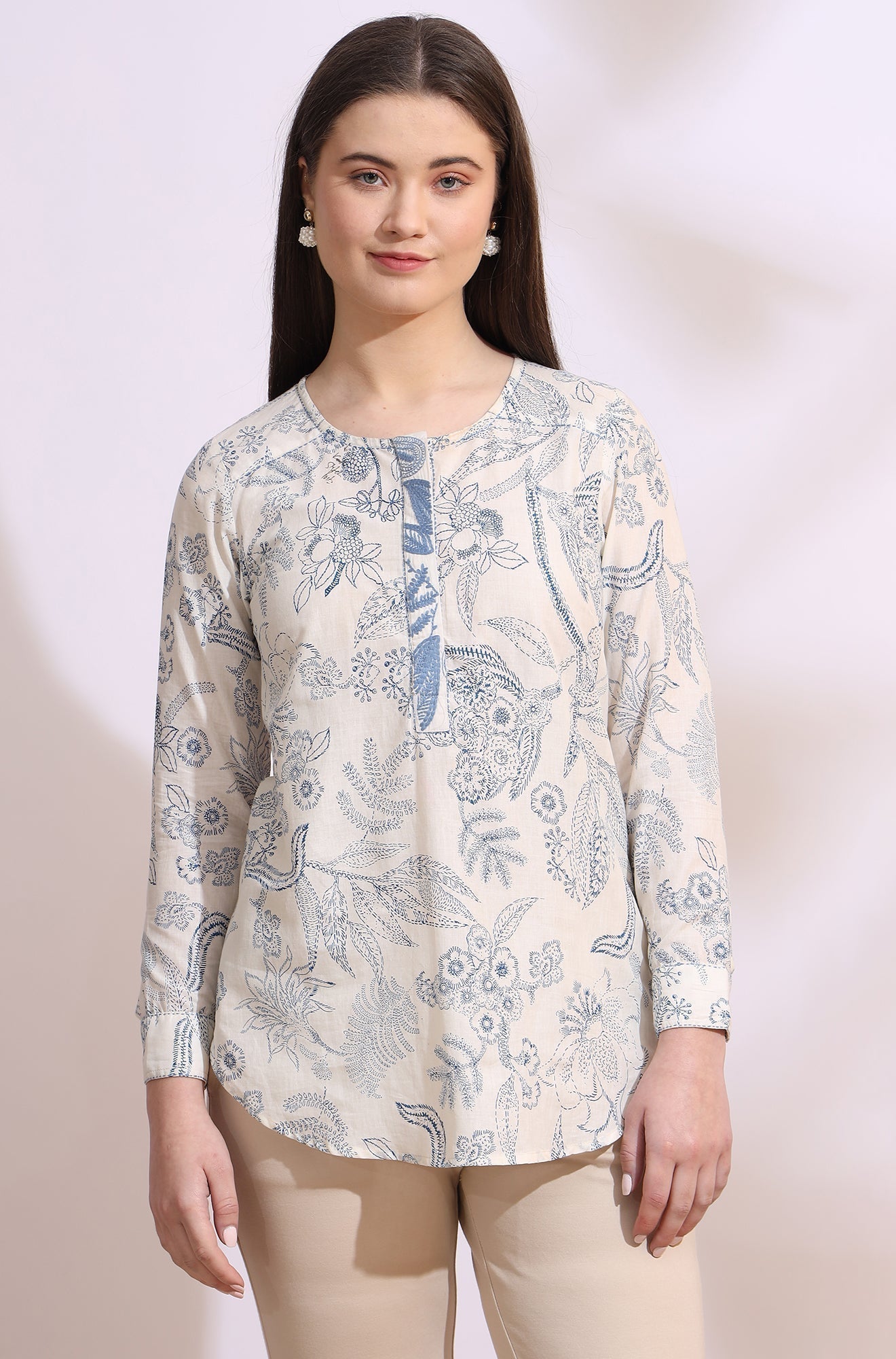 W for Woman White and blue printed top with thread embroidery  Grab2Buy WforWoman Grab2Buy