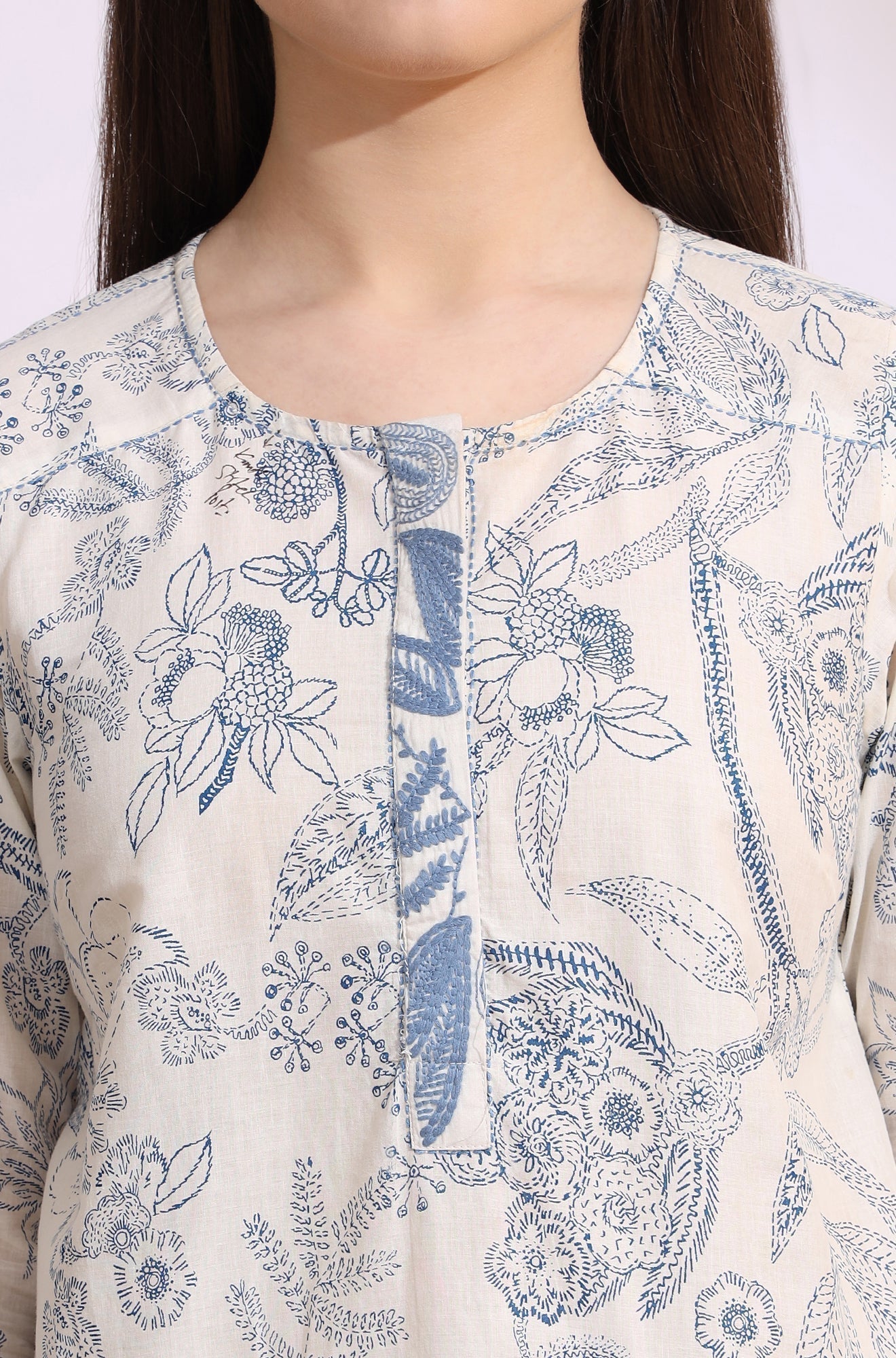 W for Woman White and blue printed top with thread embroidery  Grab2Buy WforWoman Grab2Buy