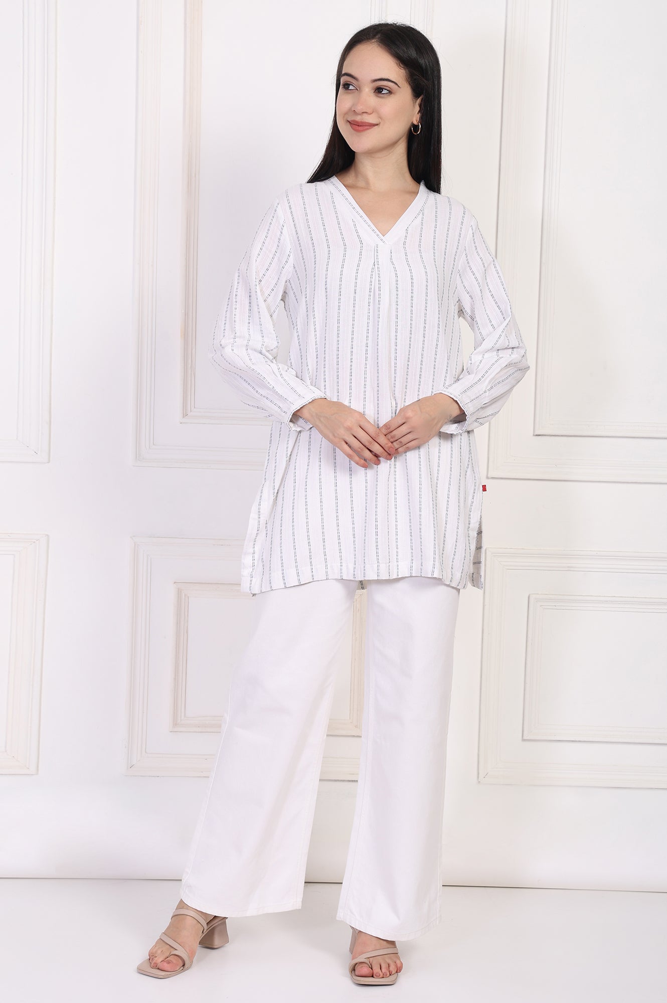 W for Woman White Striped Straight Cotton Tunic  Grab2Buy WforWoman Grab2Buy