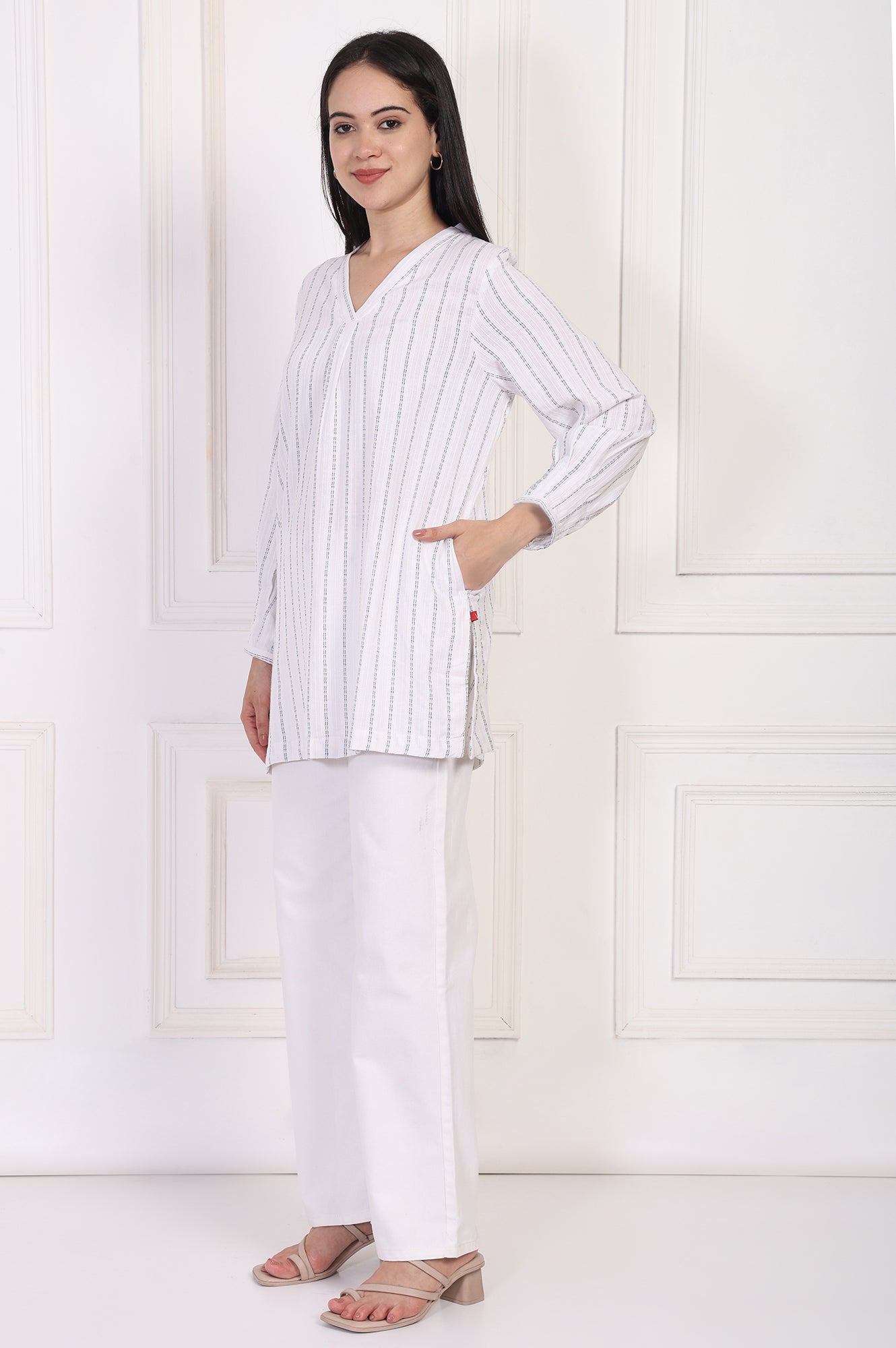 W for Woman White Striped Straight Cotton Tunic  Grab2Buy WforWoman Grab2Buy