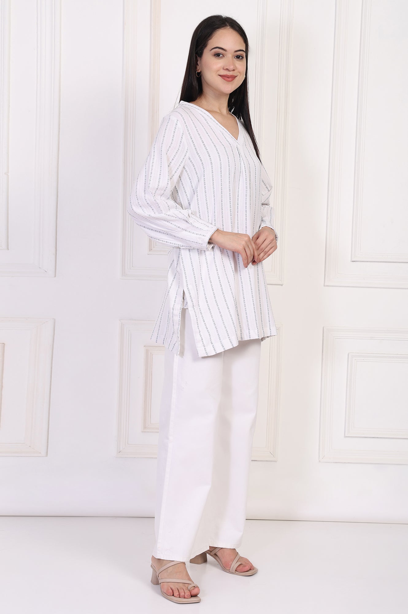 W for Woman White Striped Straight Cotton Tunic  Grab2Buy WforWoman Grab2Buy
