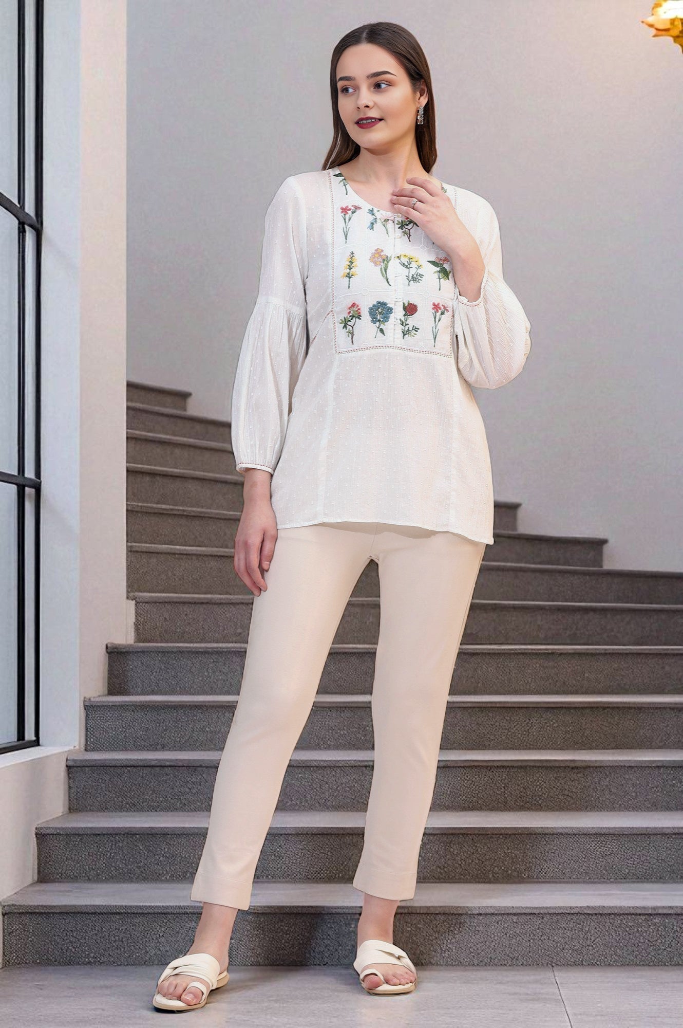 W for Woman White Floral Thread Embroidered Yoke Textured Top  Grab2Buy WforWoman Grab2Buy