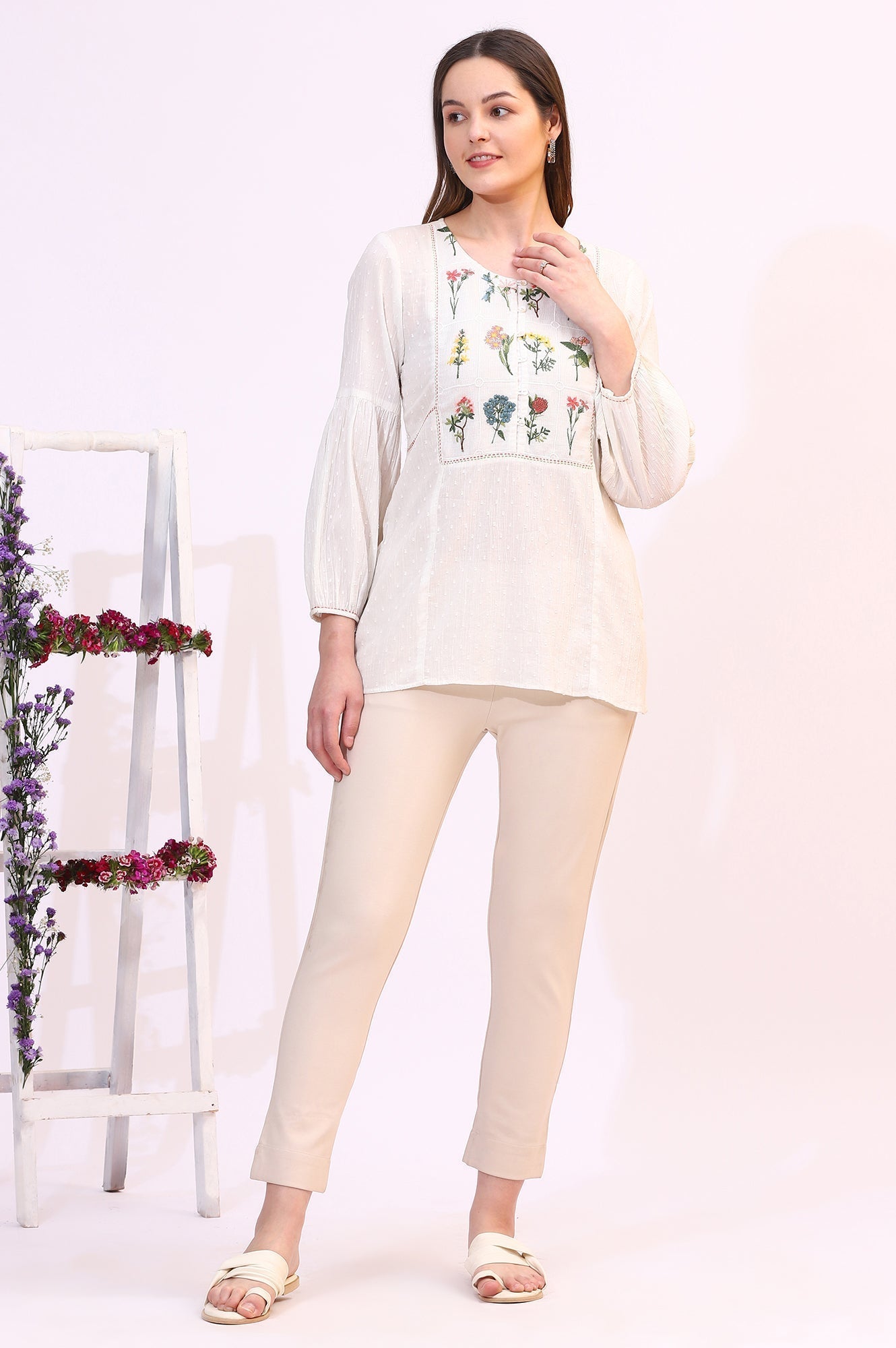 W for Woman White Floral Thread Embroidered Yoke Textured Top  Grab2Buy WforWoman Grab2Buy