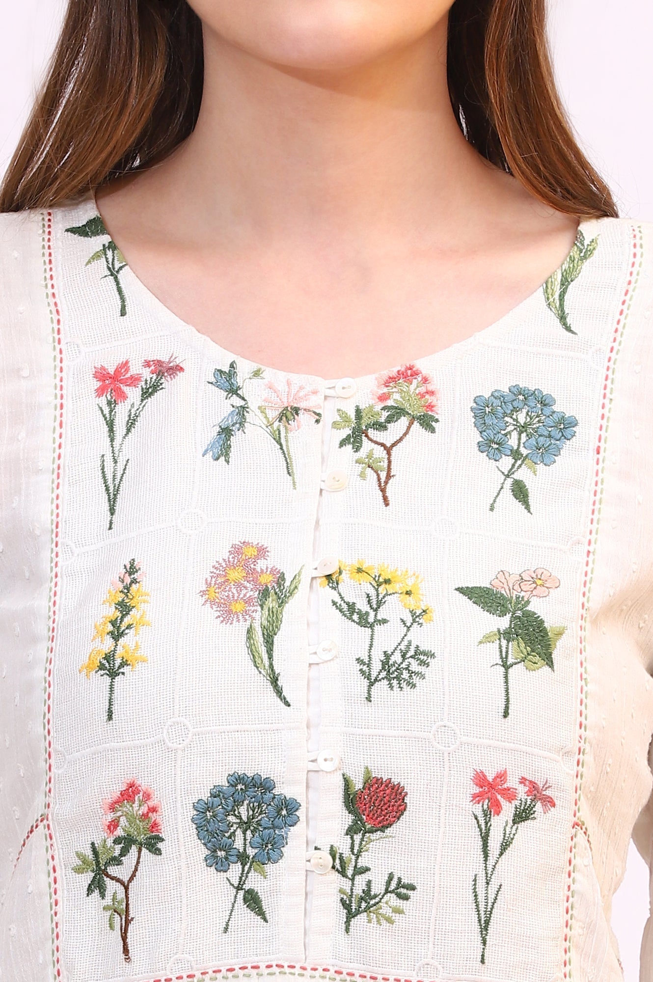 W for Woman White Floral Thread Embroidered Yoke Textured Top  Grab2Buy WforWoman Grab2Buy