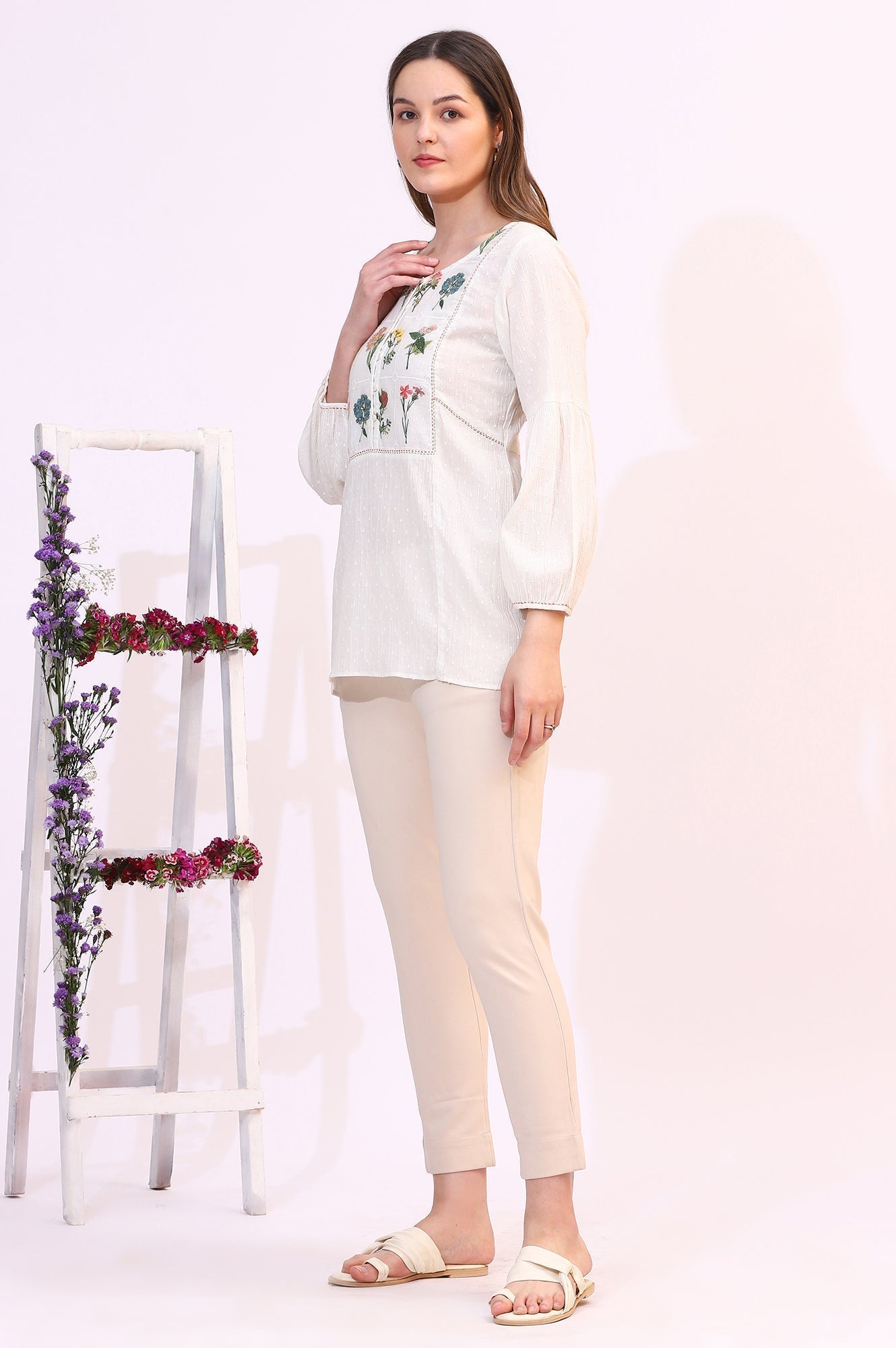 W for Woman White Floral Thread Embroidered Yoke Textured Top  Grab2Buy WforWoman Grab2Buy