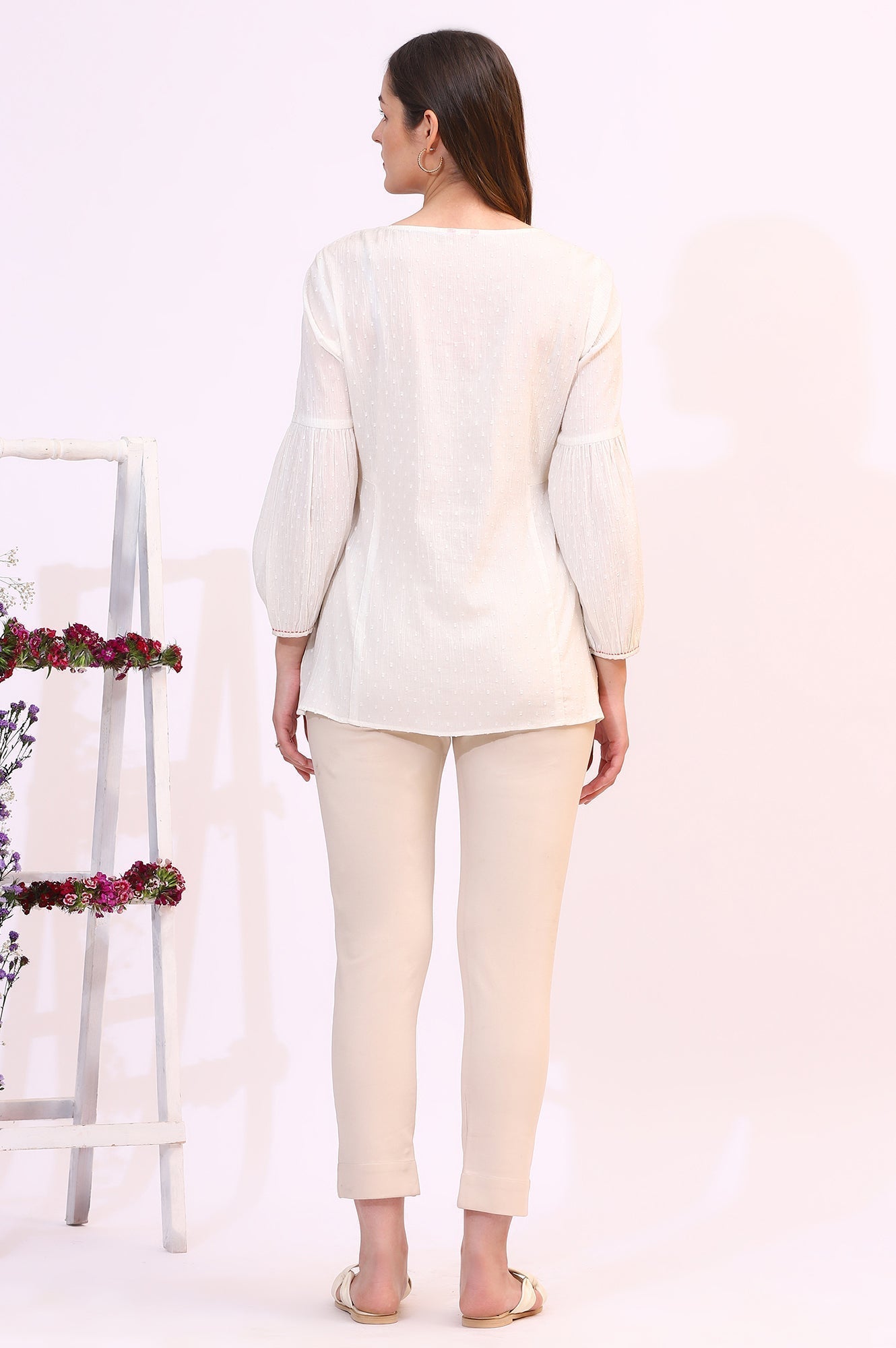 W for Woman White Floral Thread Embroidered Yoke Textured Top  Grab2Buy WforWoman Grab2Buy