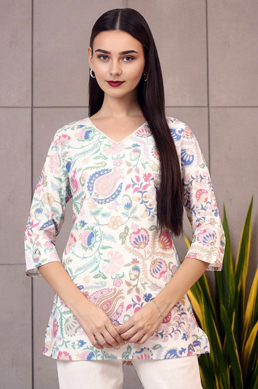 W for Woman White Floral Printed Rayon Summer Tunic with Lace  Grab2Buy WforWoman Grab2Buy