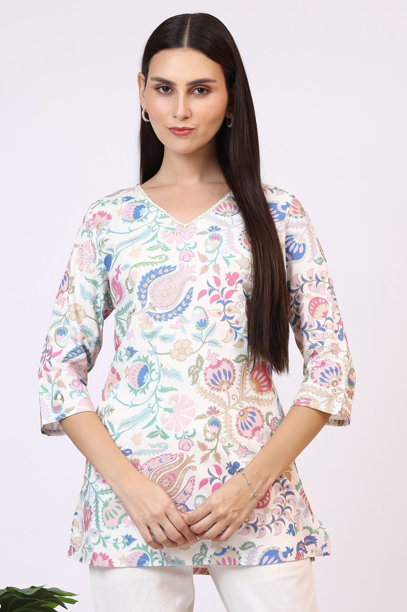 W for Woman White Floral Printed Rayon Summer Tunic with Lace  Grab2Buy WforWoman Grab2Buy