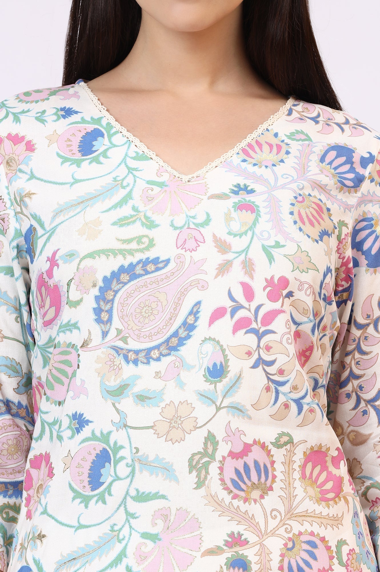 W for Woman White Floral Printed Rayon Summer Tunic with Lace  Grab2Buy WforWoman Grab2Buy