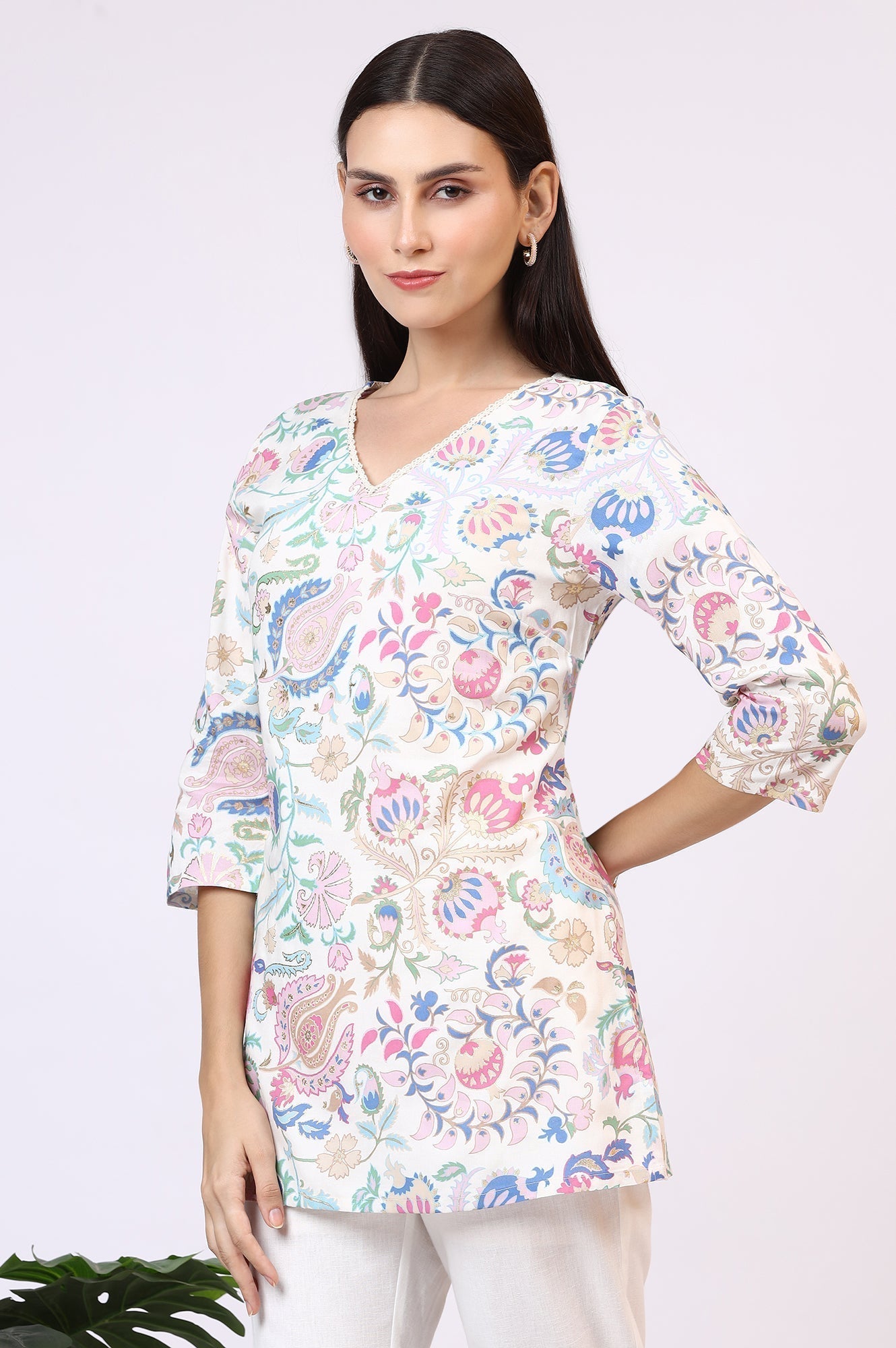 W for Woman White Floral Printed Rayon Summer Tunic with Lace  Grab2Buy WforWoman Grab2Buy