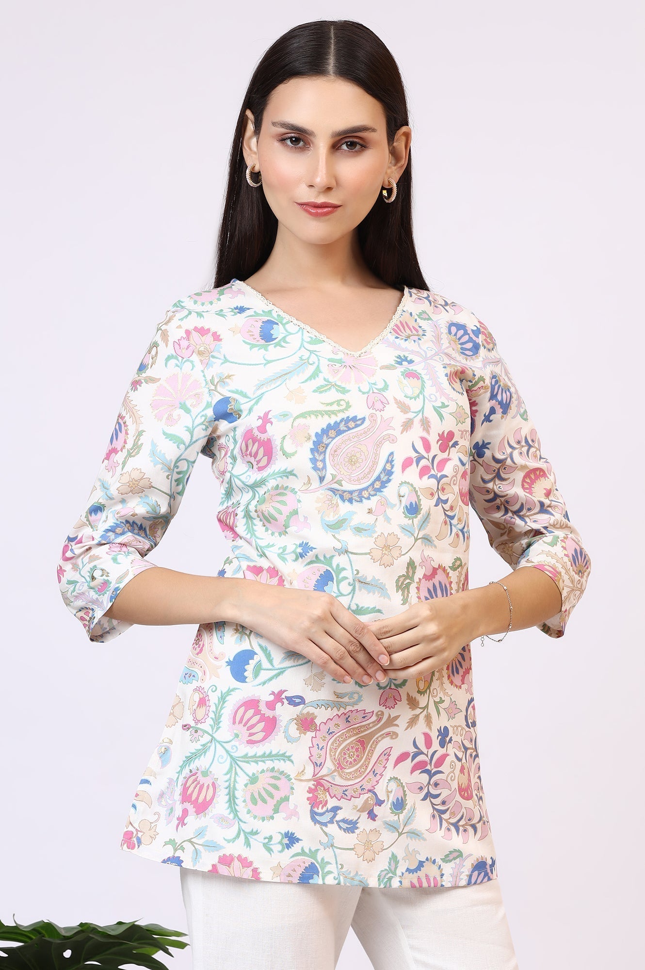 W for Woman White Floral Printed Rayon Summer Tunic with Lace  Grab2Buy WforWoman Grab2Buy