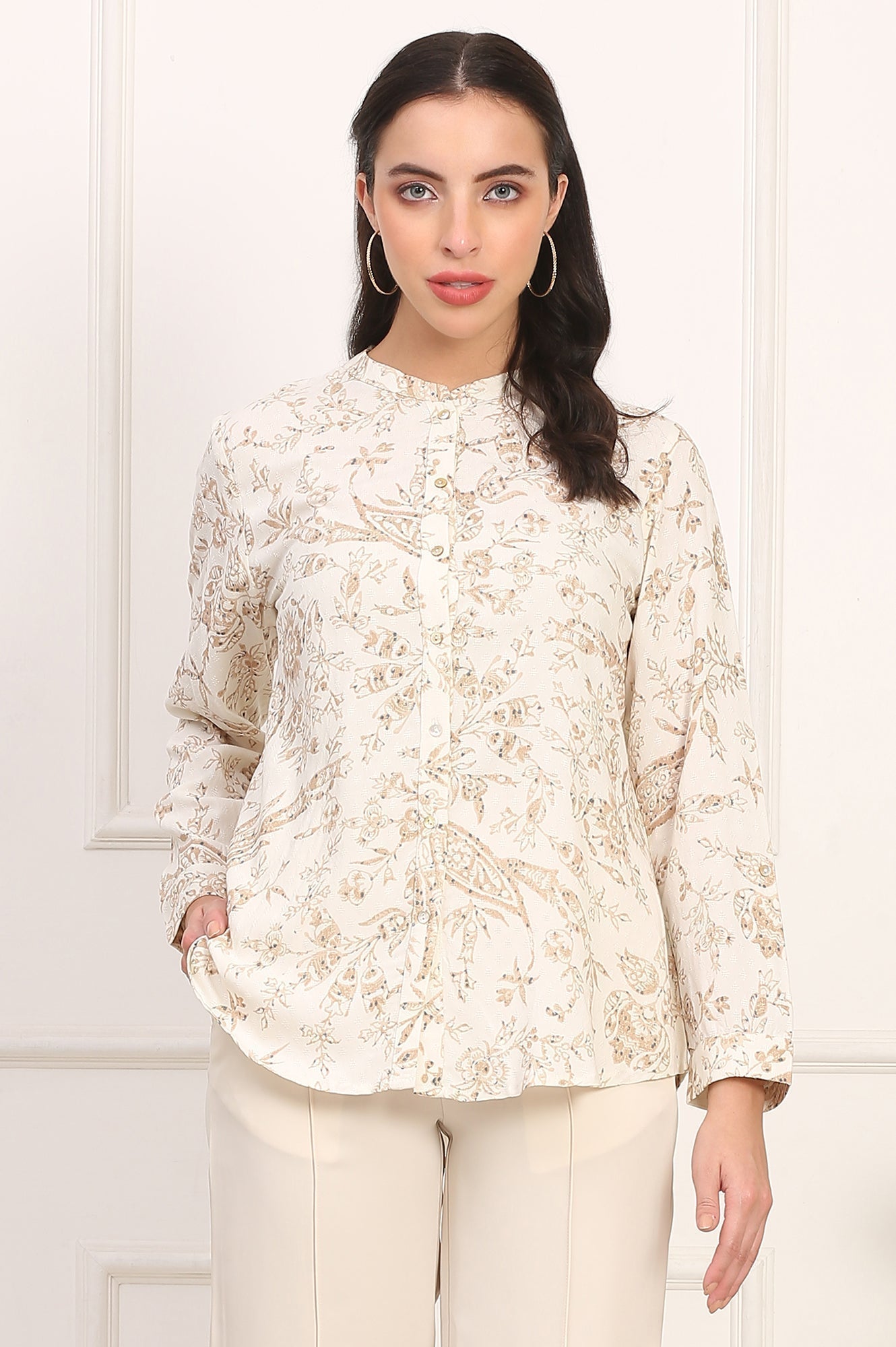 W for Woman White Floral Printed Dobby Mandarin Collar Top  Grab2Buy WforWoman Grab2Buy
