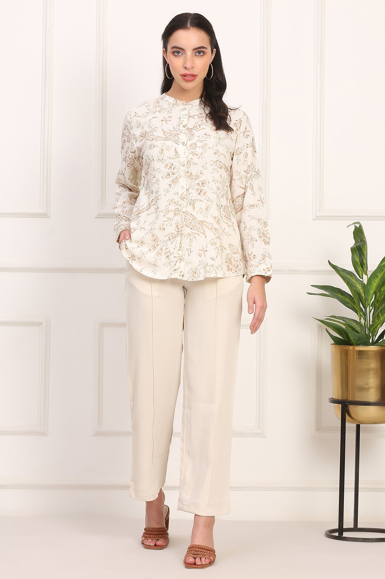 W for Woman White Floral Printed Dobby Mandarin Collar Top  Grab2Buy WforWoman Grab2Buy