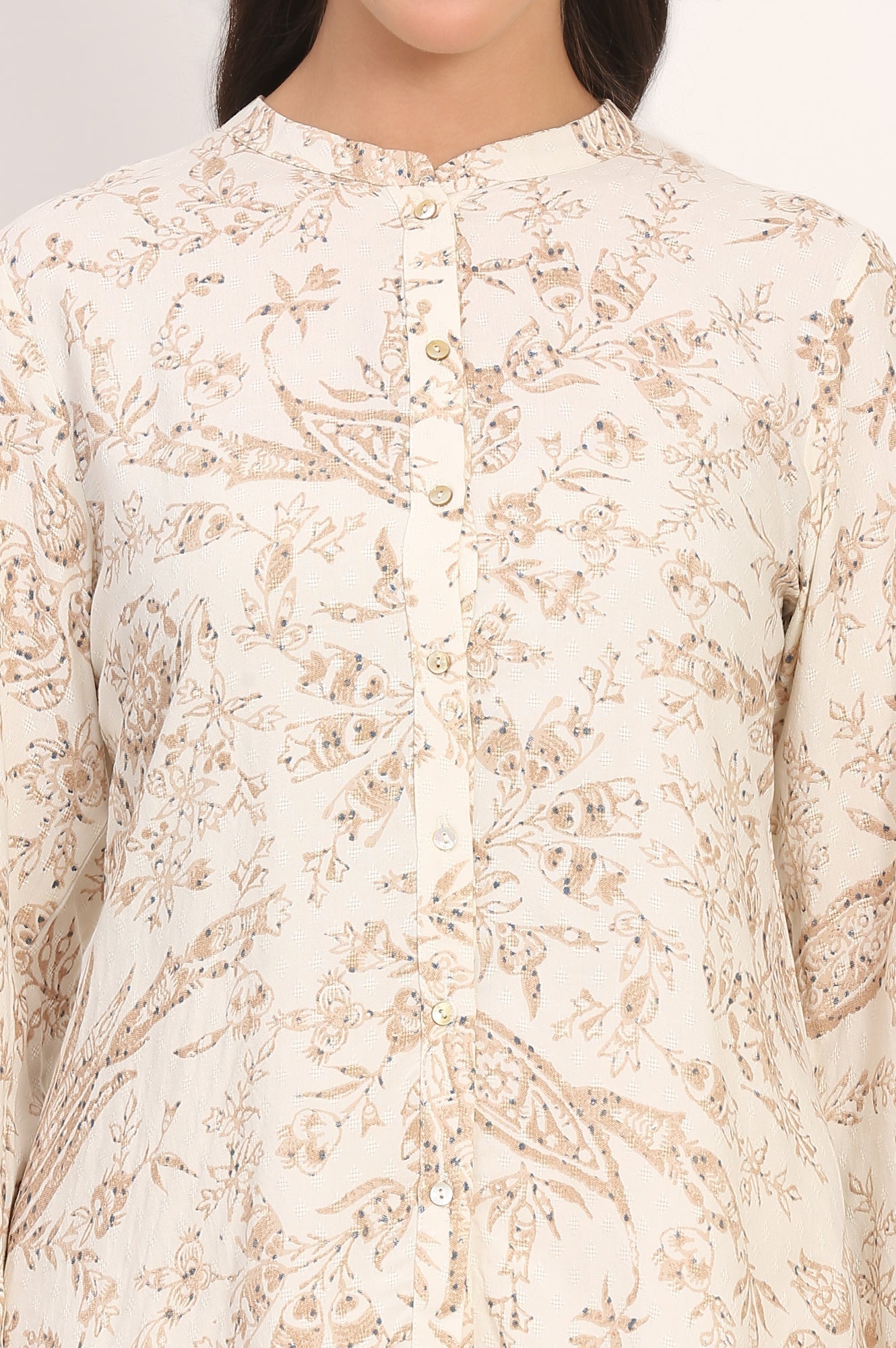 W for Woman White Floral Printed Dobby Mandarin Collar Top  Grab2Buy WforWoman Grab2Buy