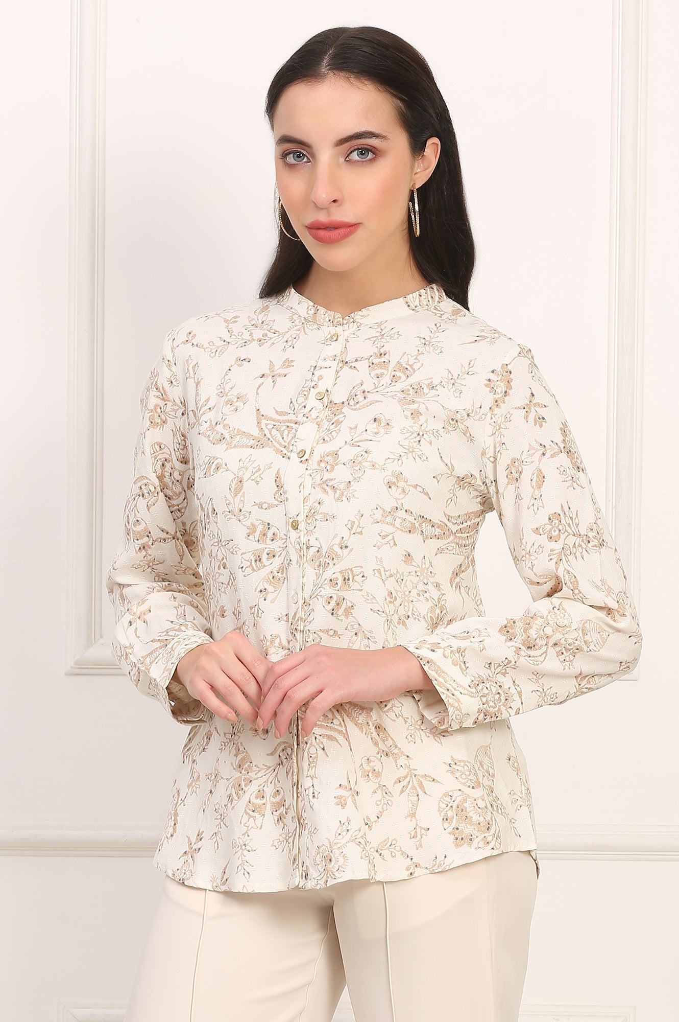 W for Woman White Floral Printed Dobby Mandarin Collar Top  Grab2Buy WforWoman Grab2Buy