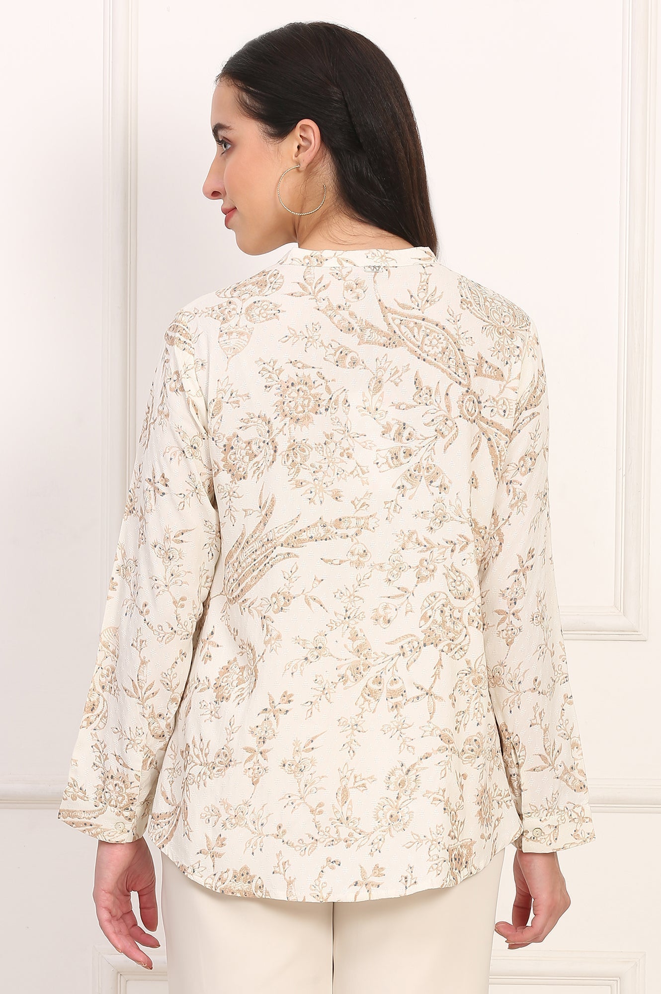 W for Woman White Floral Printed Dobby Mandarin Collar Top  Grab2Buy WforWoman Grab2Buy