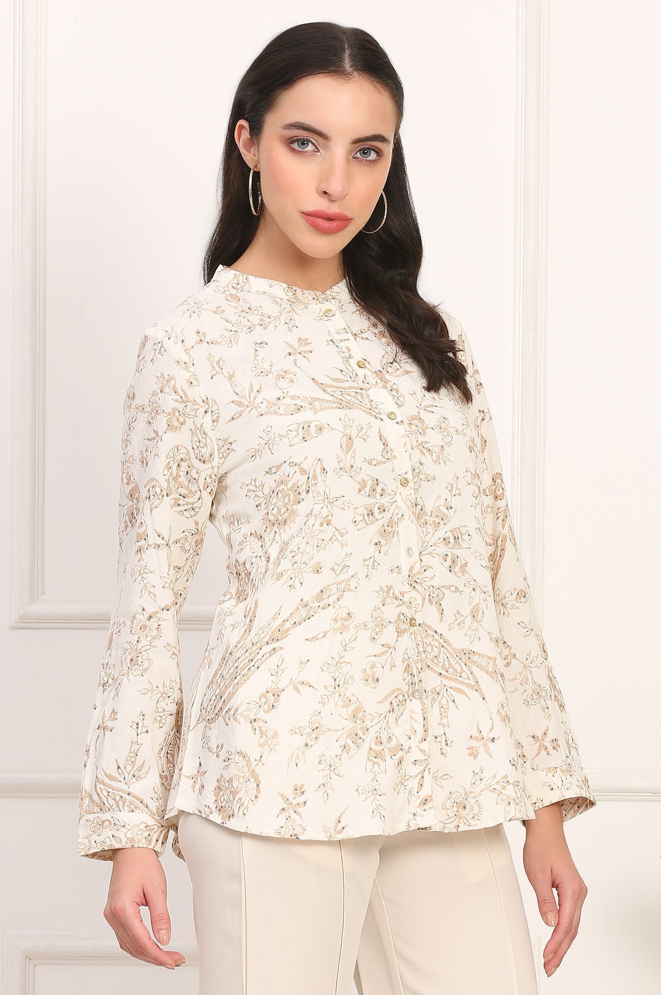 W for Woman White Floral Printed Dobby Mandarin Collar Top  Grab2Buy WforWoman Grab2Buy