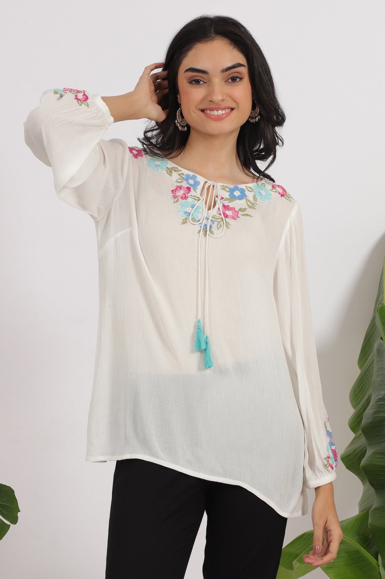 W for Woman White Embroidered Rayon Crepe Straight Top  Grab2Buy WforWoman Grab2Buy