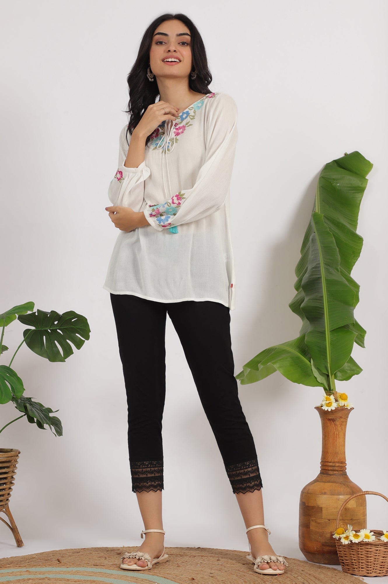 W for Woman White Embroidered Rayon Crepe Straight Top  Grab2Buy WforWoman Grab2Buy
