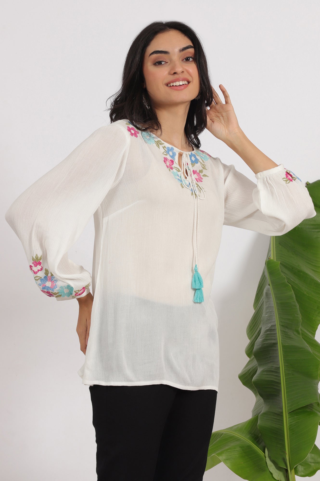 W for Woman White Embroidered Rayon Crepe Straight Top  Grab2Buy WforWoman Grab2Buy