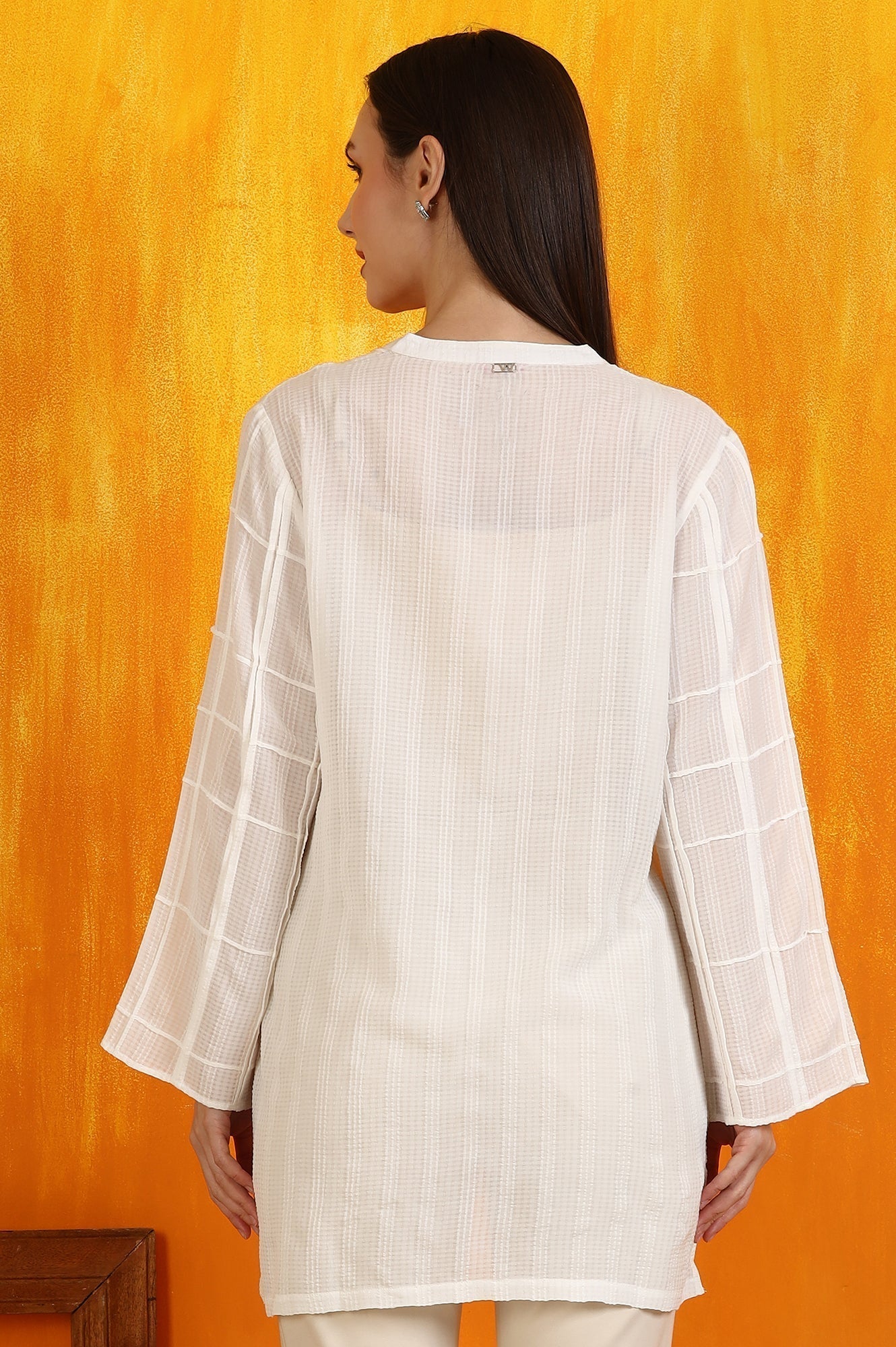 W for Woman White Cotton Dobby Textured Top with Pleats  Grab2Buy WforWoman Grab2Buy