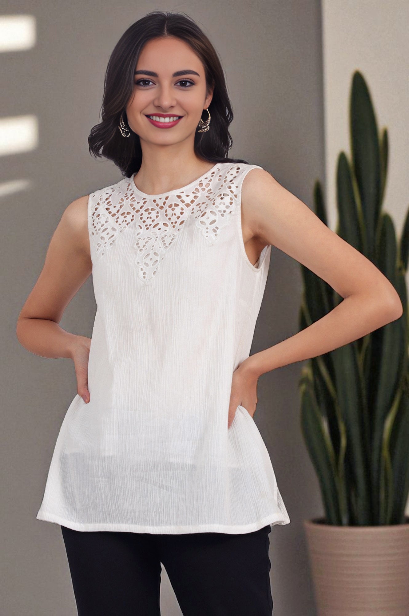 W for Woman White Cotton Crinkle Top with Schiffli Detail on Neck  Grab2Buy WforWoman Grab2Buy