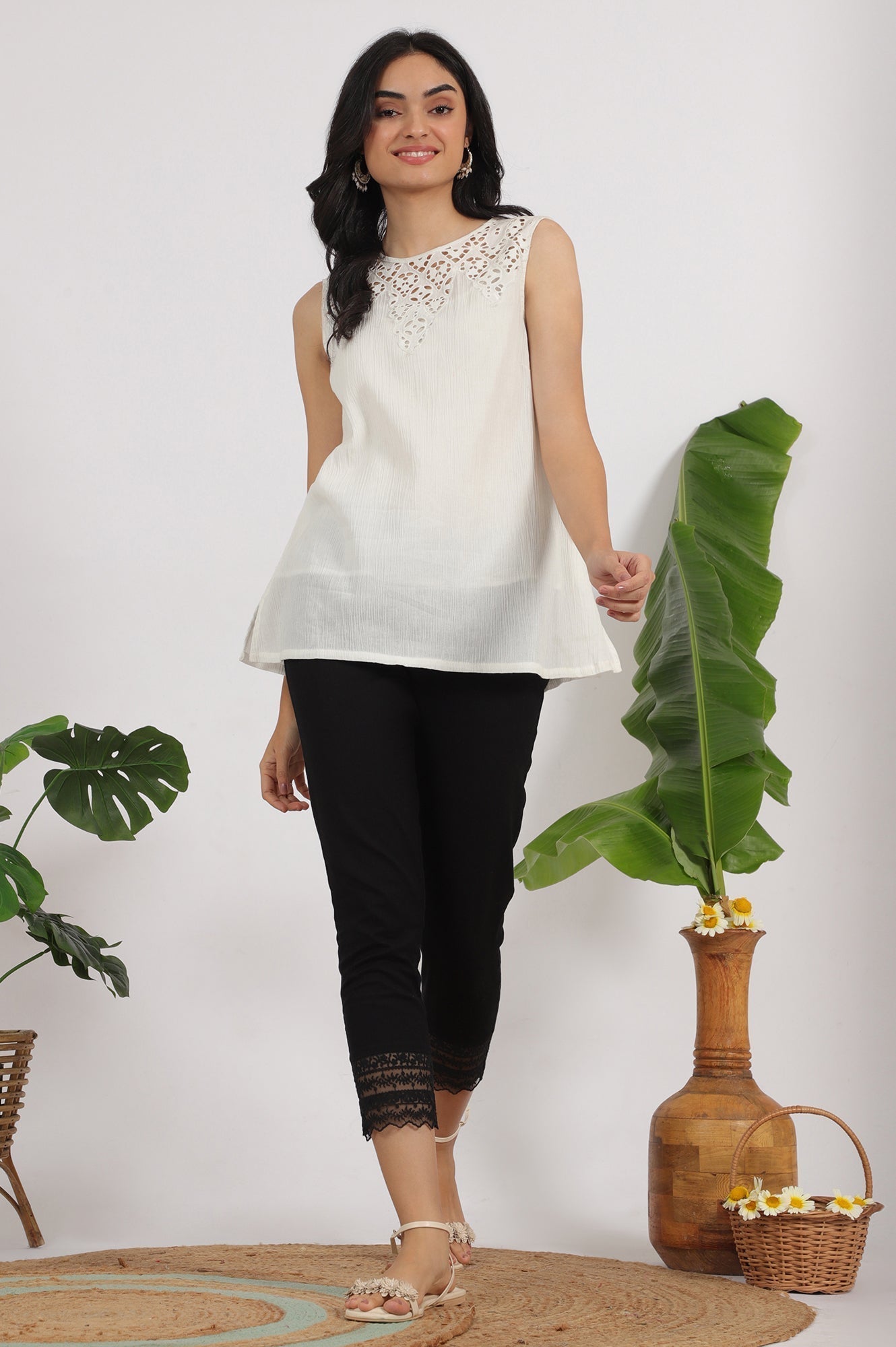 W for Woman White Cotton Crinkle Top with Schiffli Detail on Neck  Grab2Buy WforWoman Grab2Buy