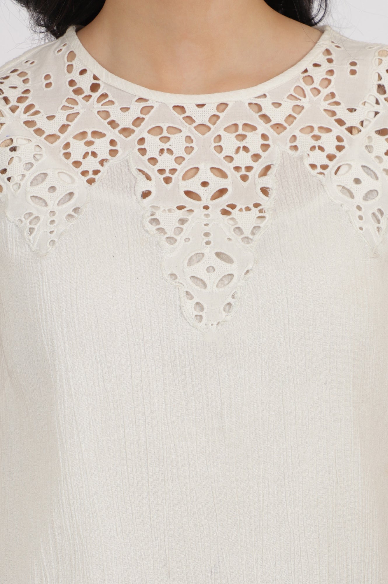 W for Woman White Cotton Crinkle Top with Schiffli Detail on Neck  Grab2Buy WforWoman Grab2Buy