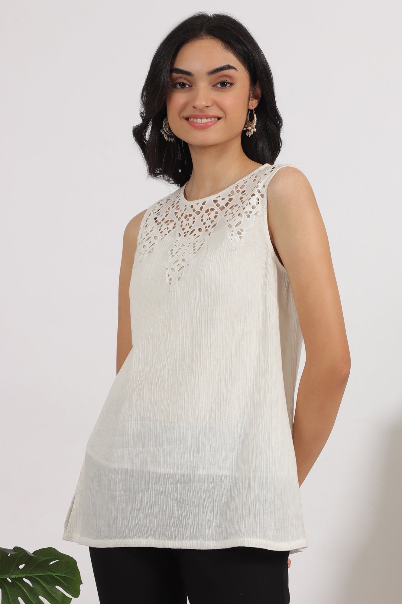 W for Woman White Cotton Crinkle Top with Schiffli Detail on Neck  Grab2Buy WforWoman Grab2Buy