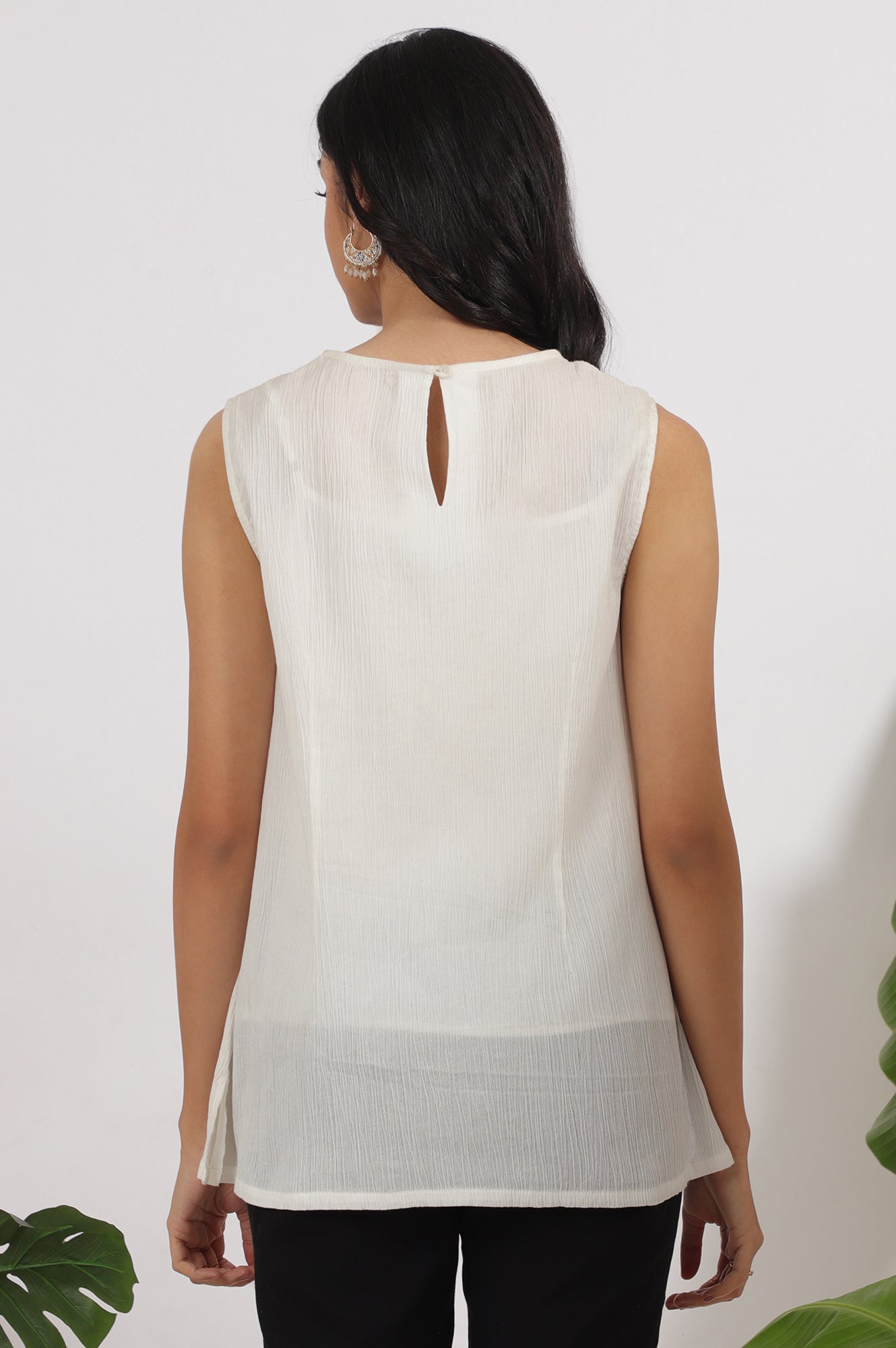 W for Woman White Cotton Crinkle Top with Schiffli Detail on Neck  Grab2Buy WforWoman Grab2Buy