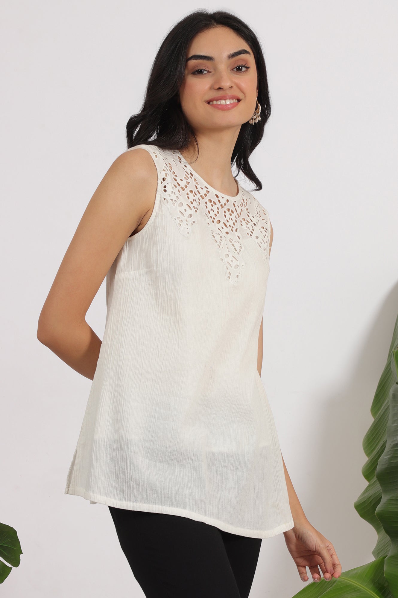 W for Woman White Cotton Crinkle Top with Schiffli Detail on Neck  Grab2Buy WforWoman Grab2Buy
