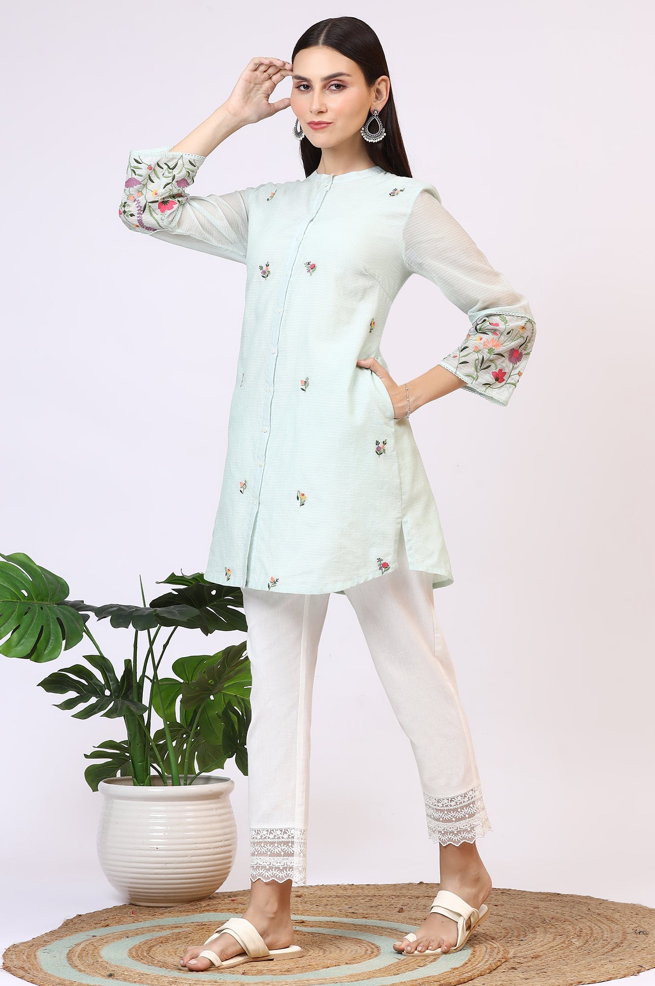 W for Woman Mint Green Floral Embroidered Kota Tunic