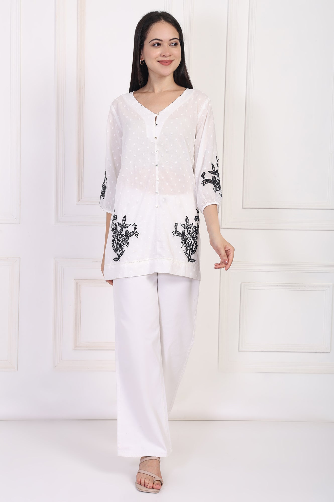 W for Woman White Polka Dot Embroidered Straight Cotton Top  Grab2Buy WforWoman Grab2Buy