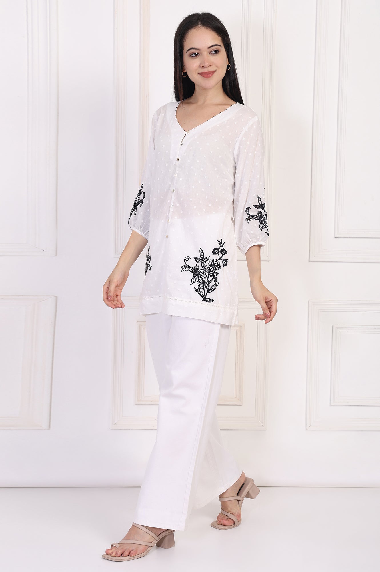W for Woman White Polka Dot Embroidered Straight Cotton Top  Grab2Buy WforWoman Grab2Buy