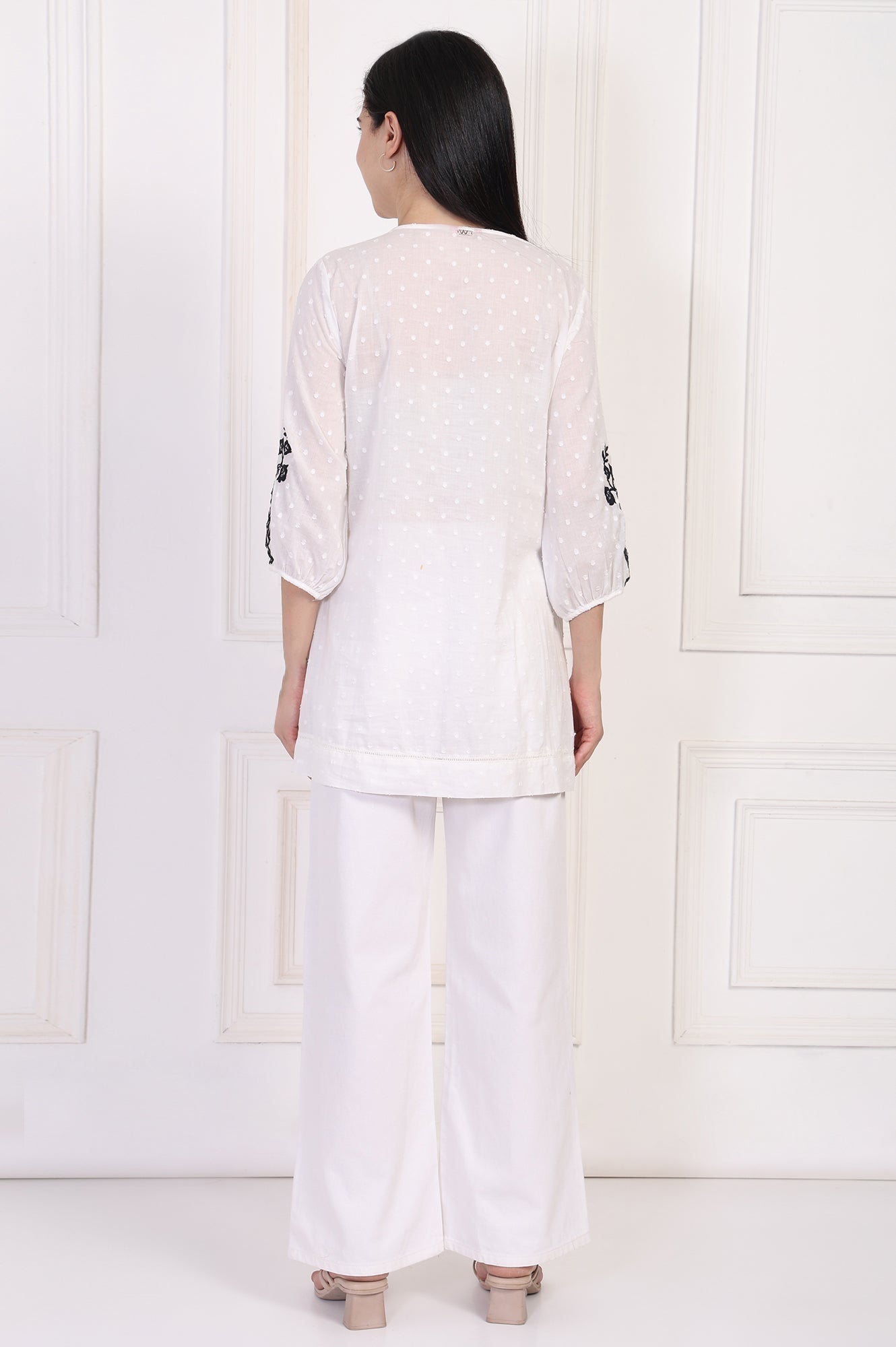 W for Woman White Polka Dot Embroidered Straight Cotton Top  Grab2Buy WforWoman Grab2Buy