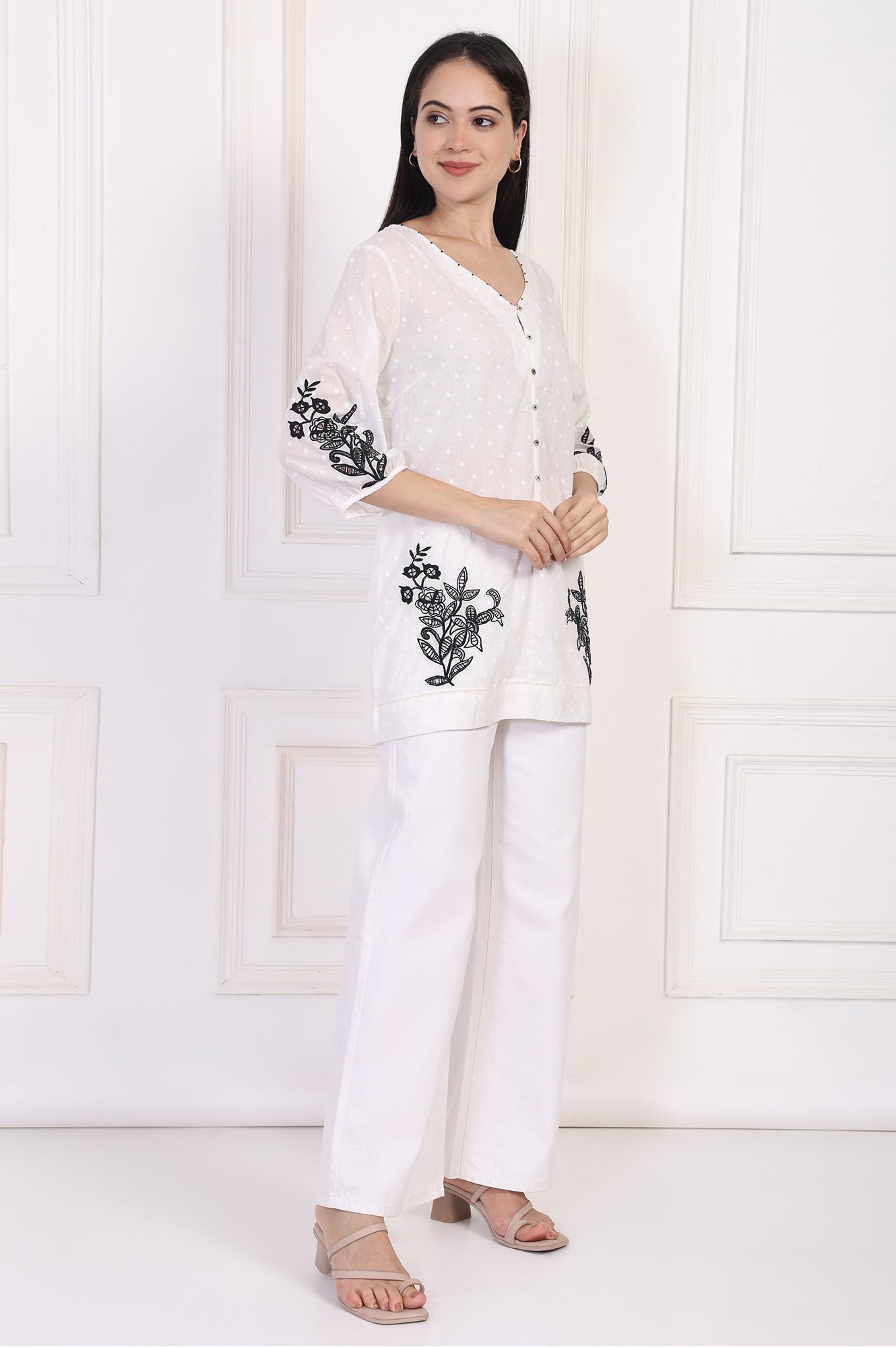 W for Woman White Polka Dot Embroidered Straight Cotton Top  Grab2Buy WforWoman Grab2Buy
