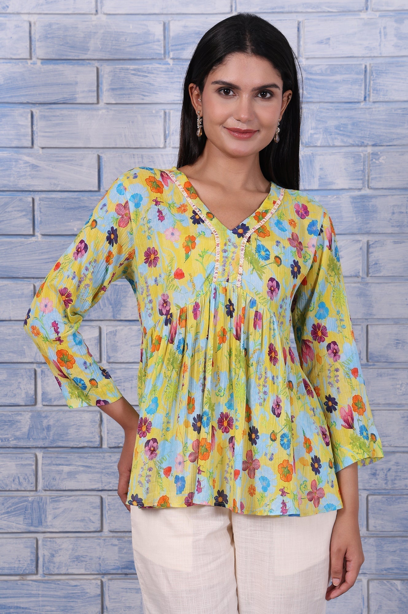 W for Woman Yellow Floral Printed Thread Embroidered Pure Cotton Tops  Grab2Buy WforWoman Grab2Buy