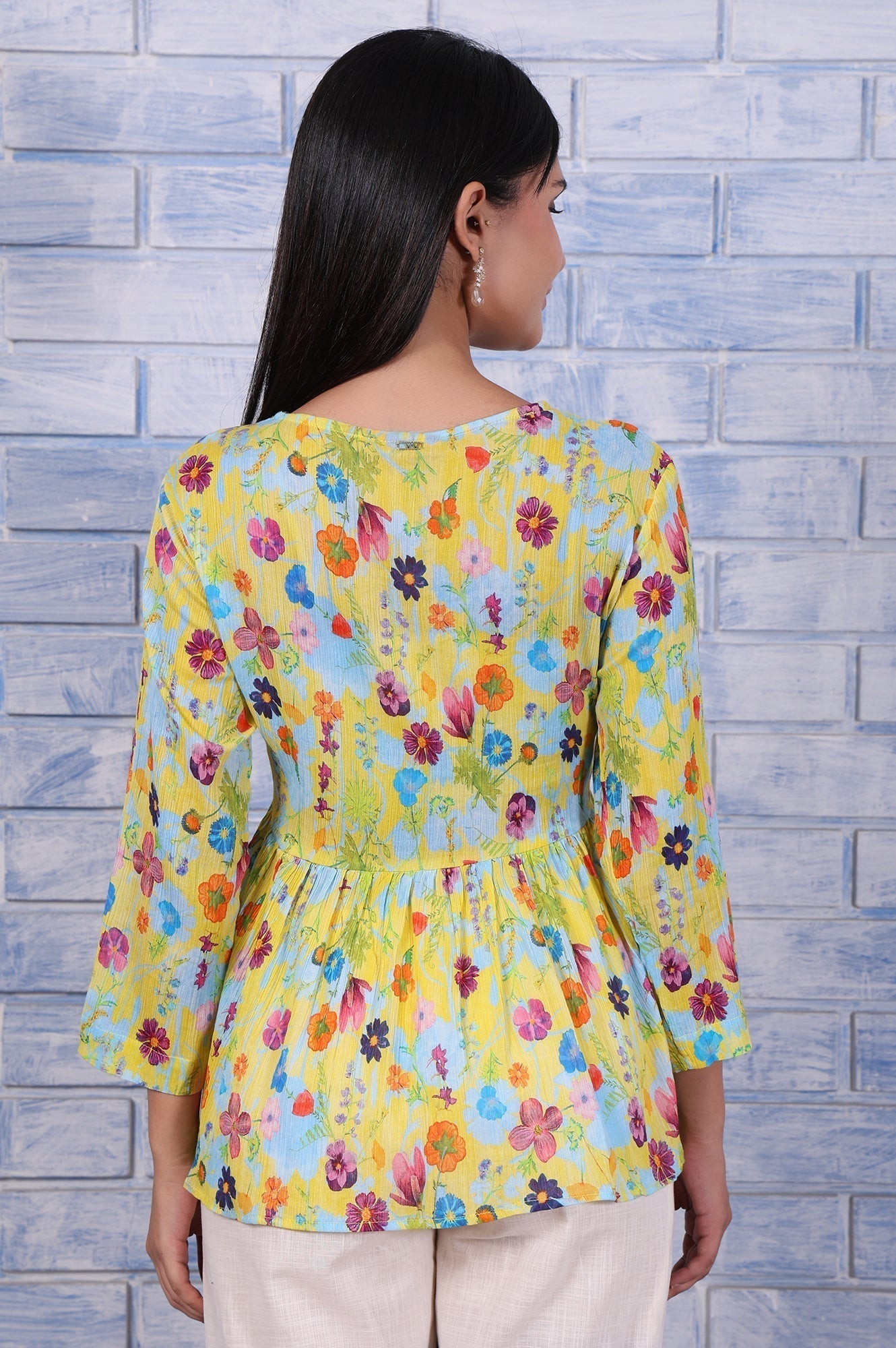 W for Woman Yellow Floral Printed Thread Embroidered Pure Cotton Tops  Grab2Buy WforWoman Grab2Buy