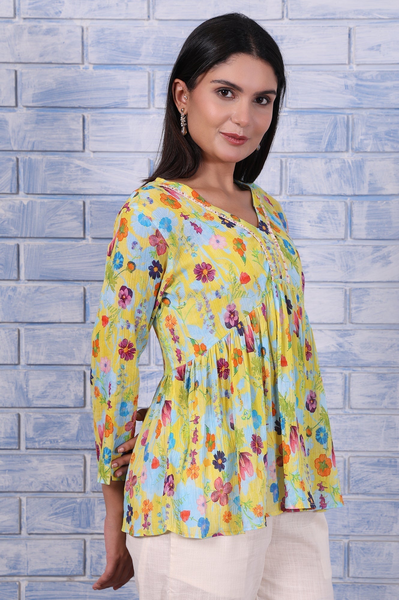 W for Woman Yellow Floral Printed Thread Embroidered Pure Cotton Tops  Grab2Buy WforWoman Grab2Buy