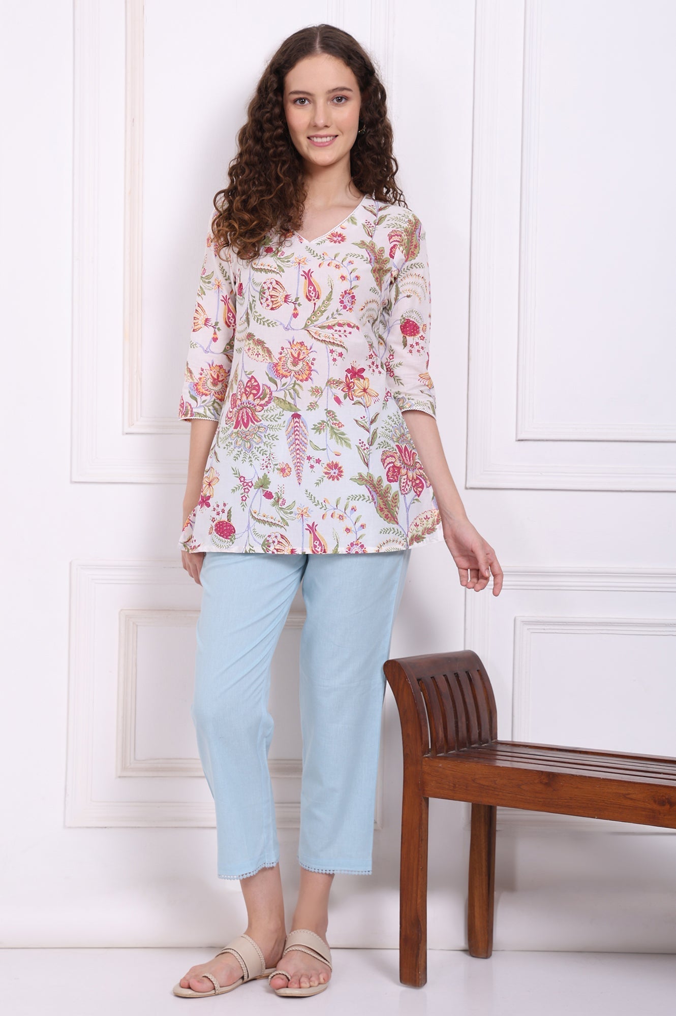 W for Woman White Floral Printed Pure Cotton Top with Lace