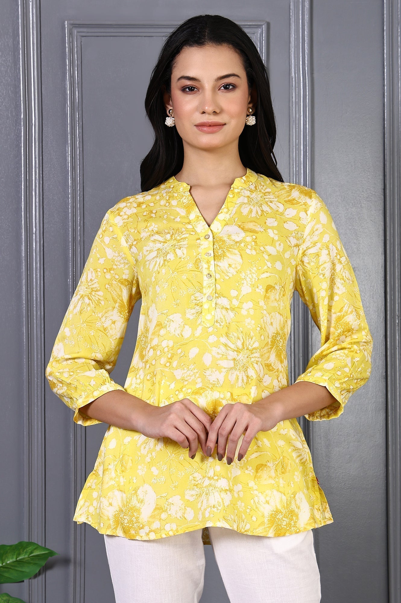 W for Woman Yellow Floral Printed Modal Straight Top  Grab2Buy WforWoman Grab2Buy
