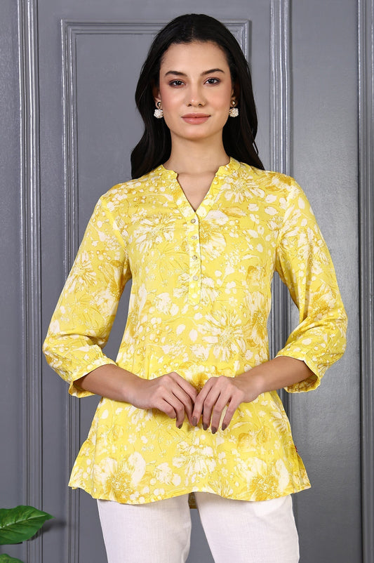 W for Woman Yellow Floral Printed Modal Straight Top  Grab2Buy WforWoman Grab2Buy