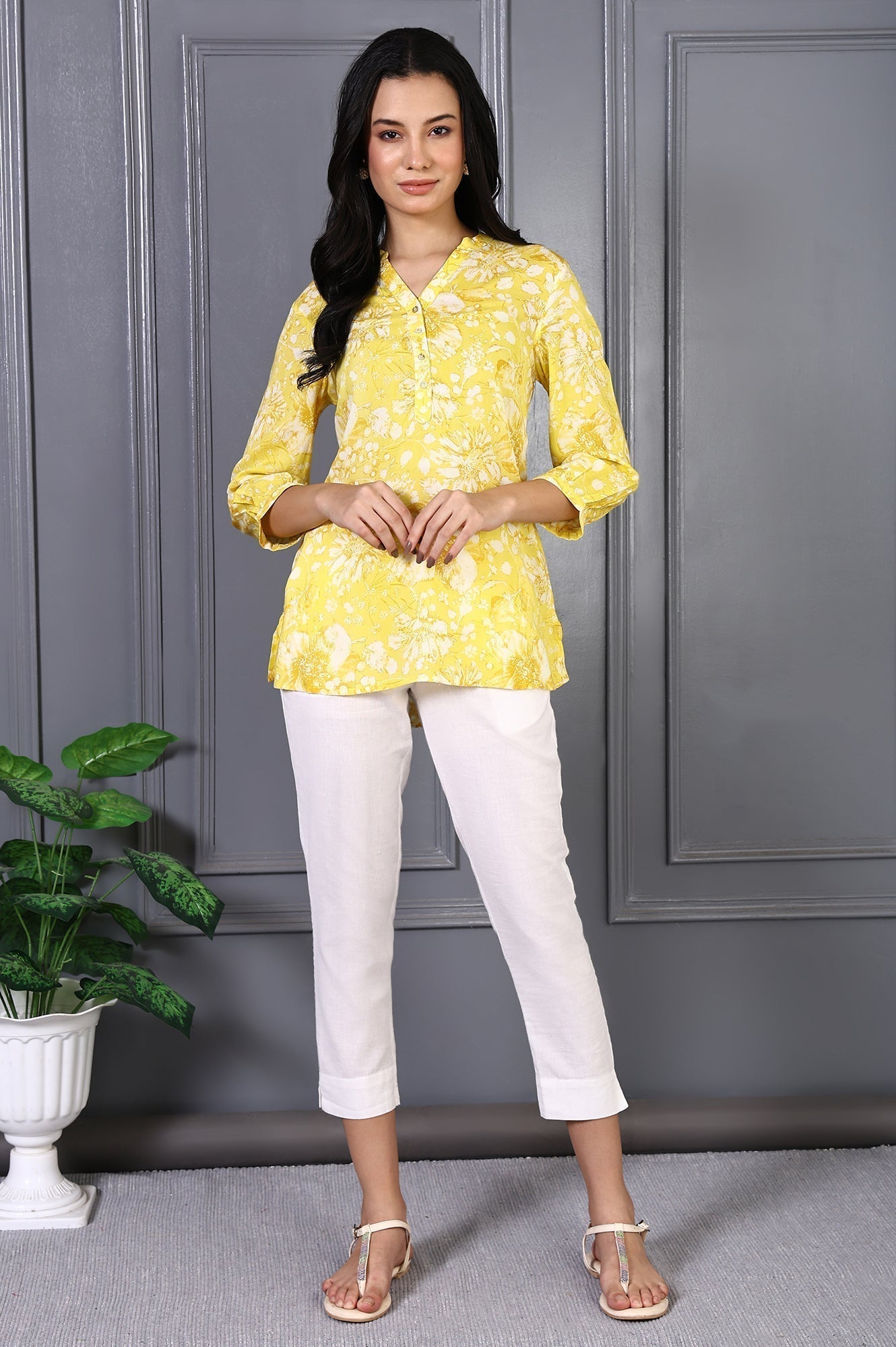W for Woman Yellow Floral Printed Modal Straight Top  Grab2Buy WforWoman Grab2Buy