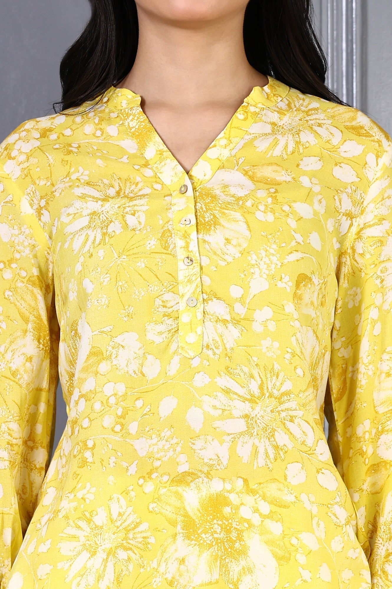 W for Woman Yellow Floral Printed Modal Straight Top  Grab2Buy WforWoman Grab2Buy