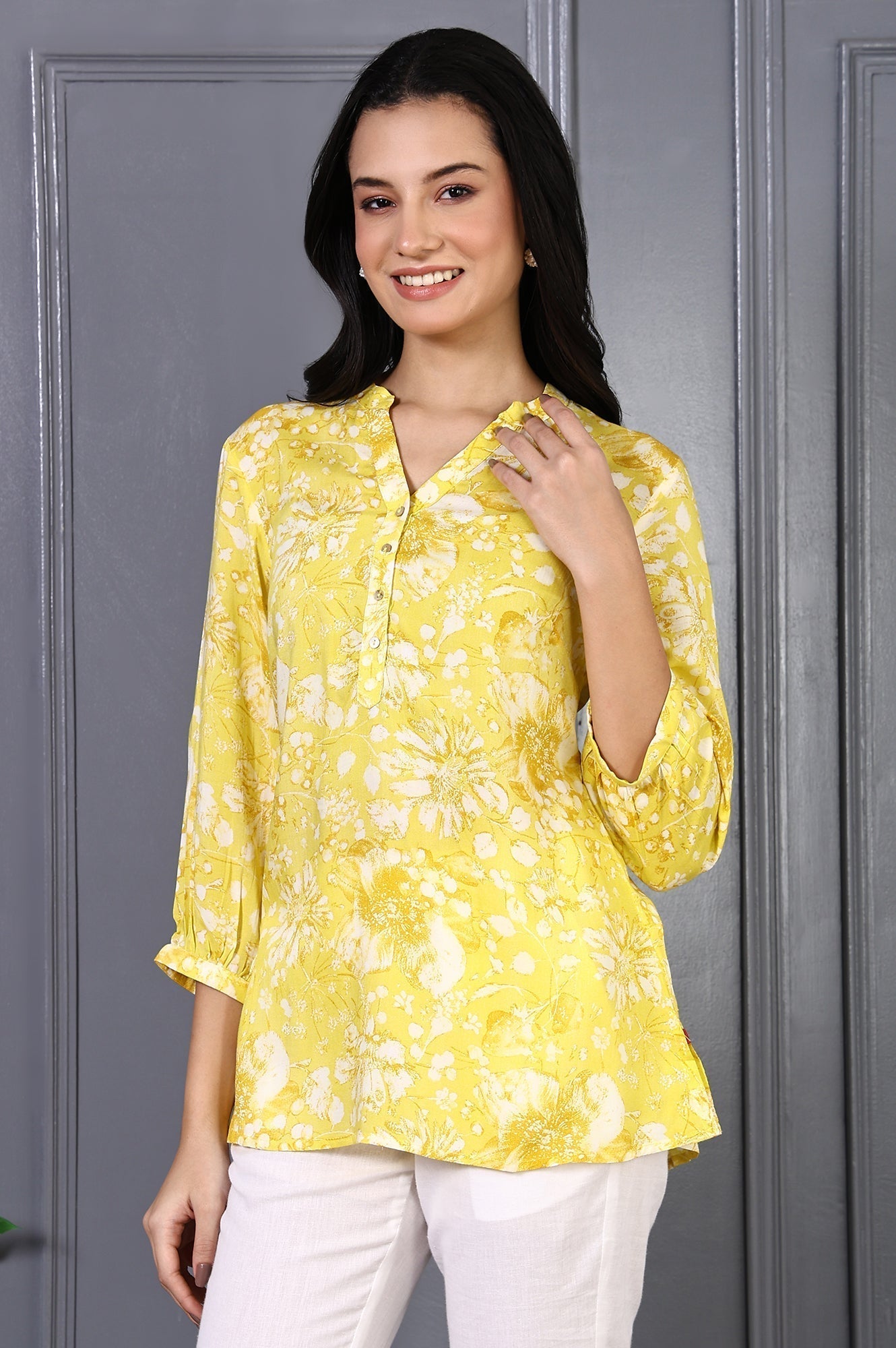 W for Woman Yellow Floral Printed Modal Straight Top  Grab2Buy WforWoman Grab2Buy